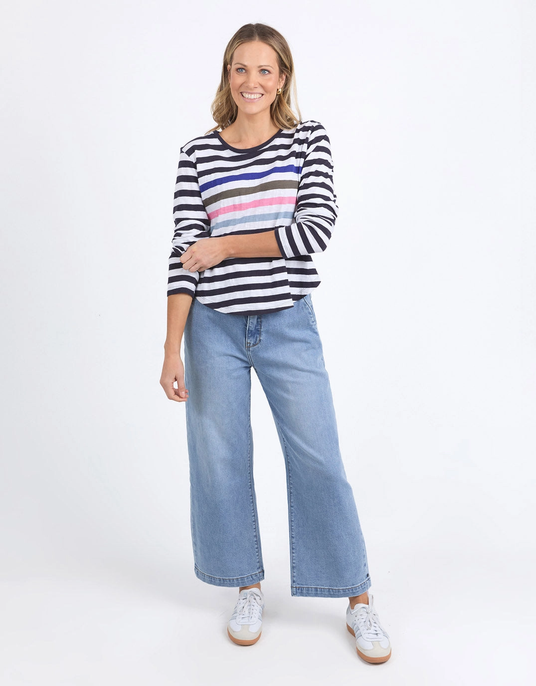 Harmony Long Sleeve Tee - Navy/White Stripe Curved Hem