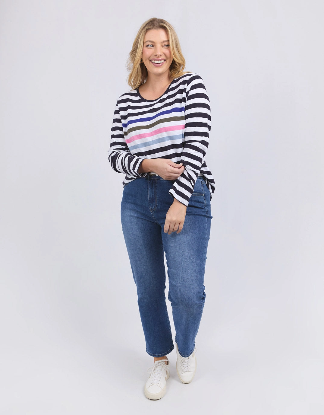 Relaxed Fit Design Washable Harmony Long Sleeve Tee - Navy/White Stripe
