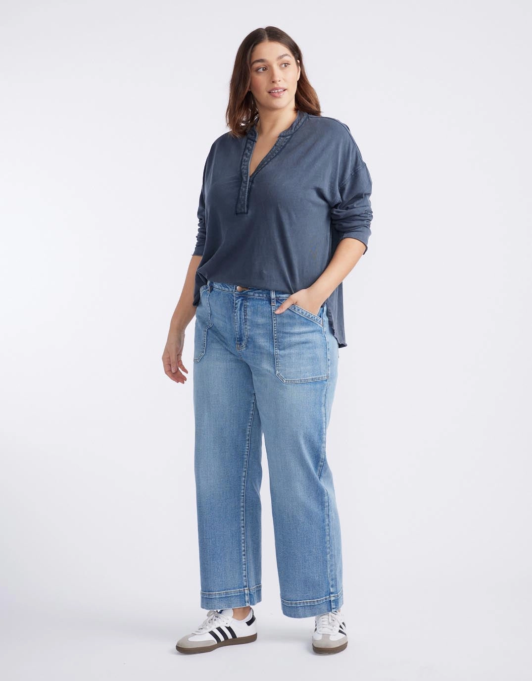 Henley Sunset Top - Washed Navy Unique Design Cozy Feeling