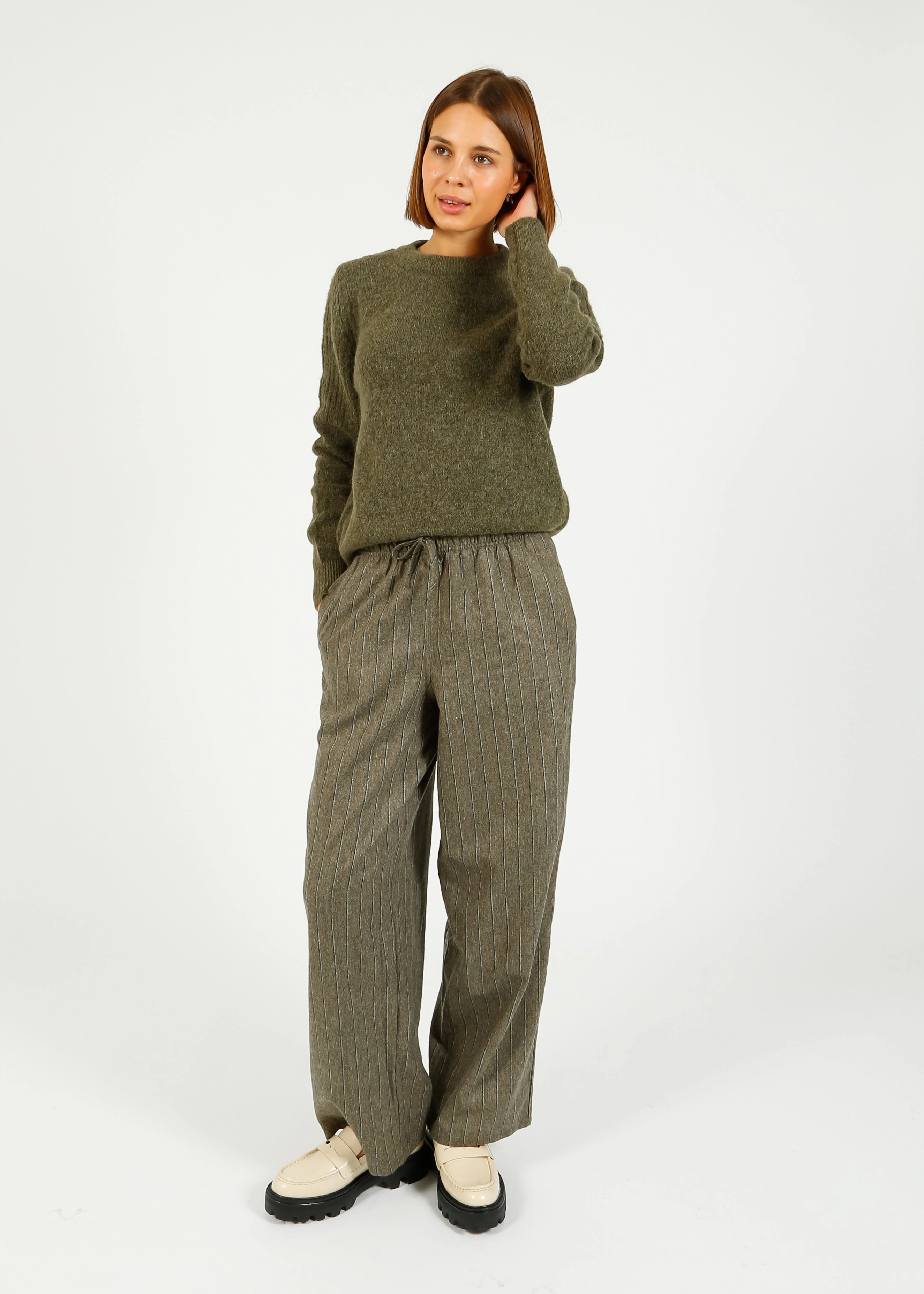Curved Waistline AV Dirow Trousers in Taupe Stripe
