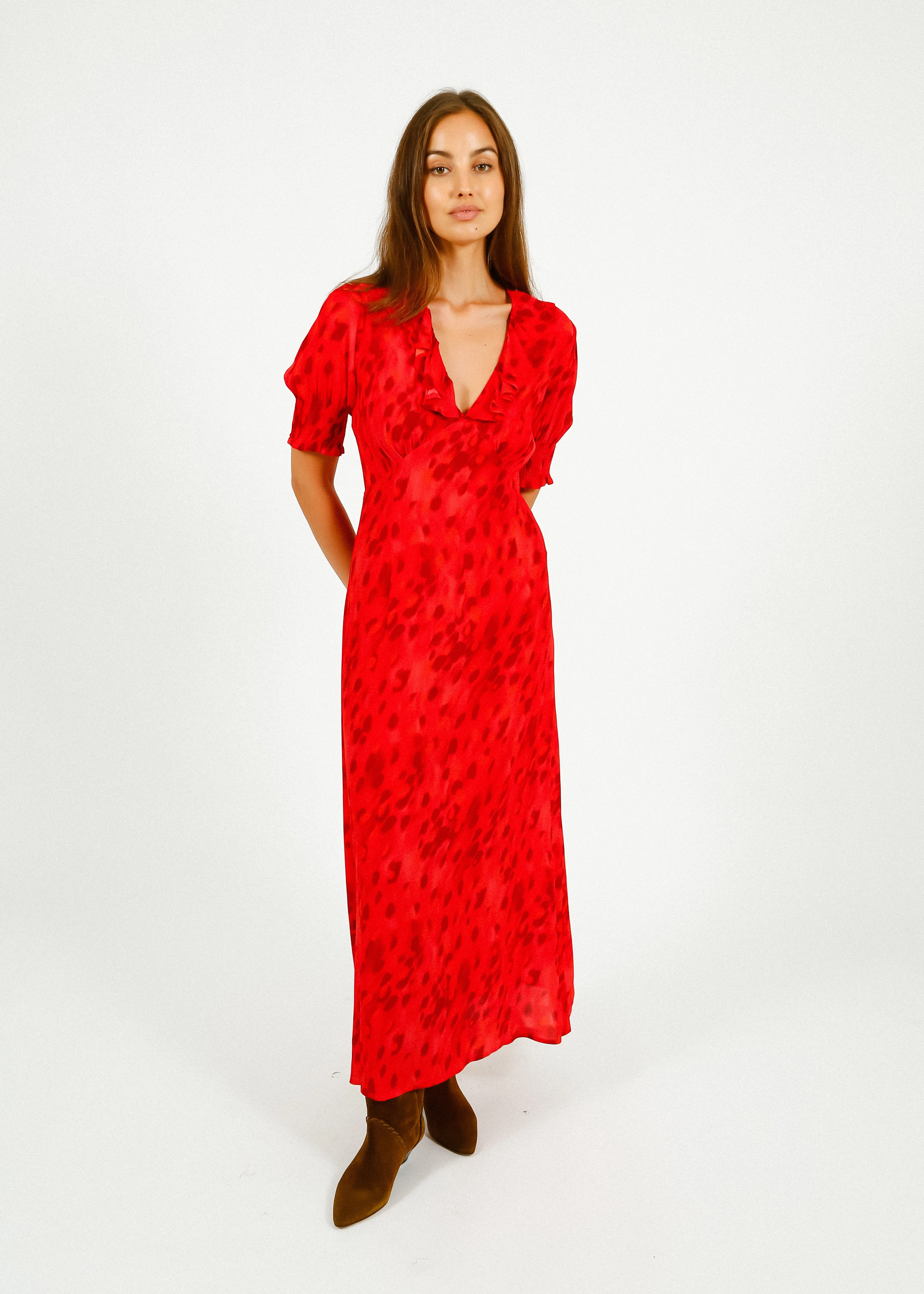 Primrose Park Dolly Dress in Brushwork Red Floral design Polished Wear