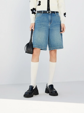 High Rise Cotton Denim Shorts Adjustable drawstring