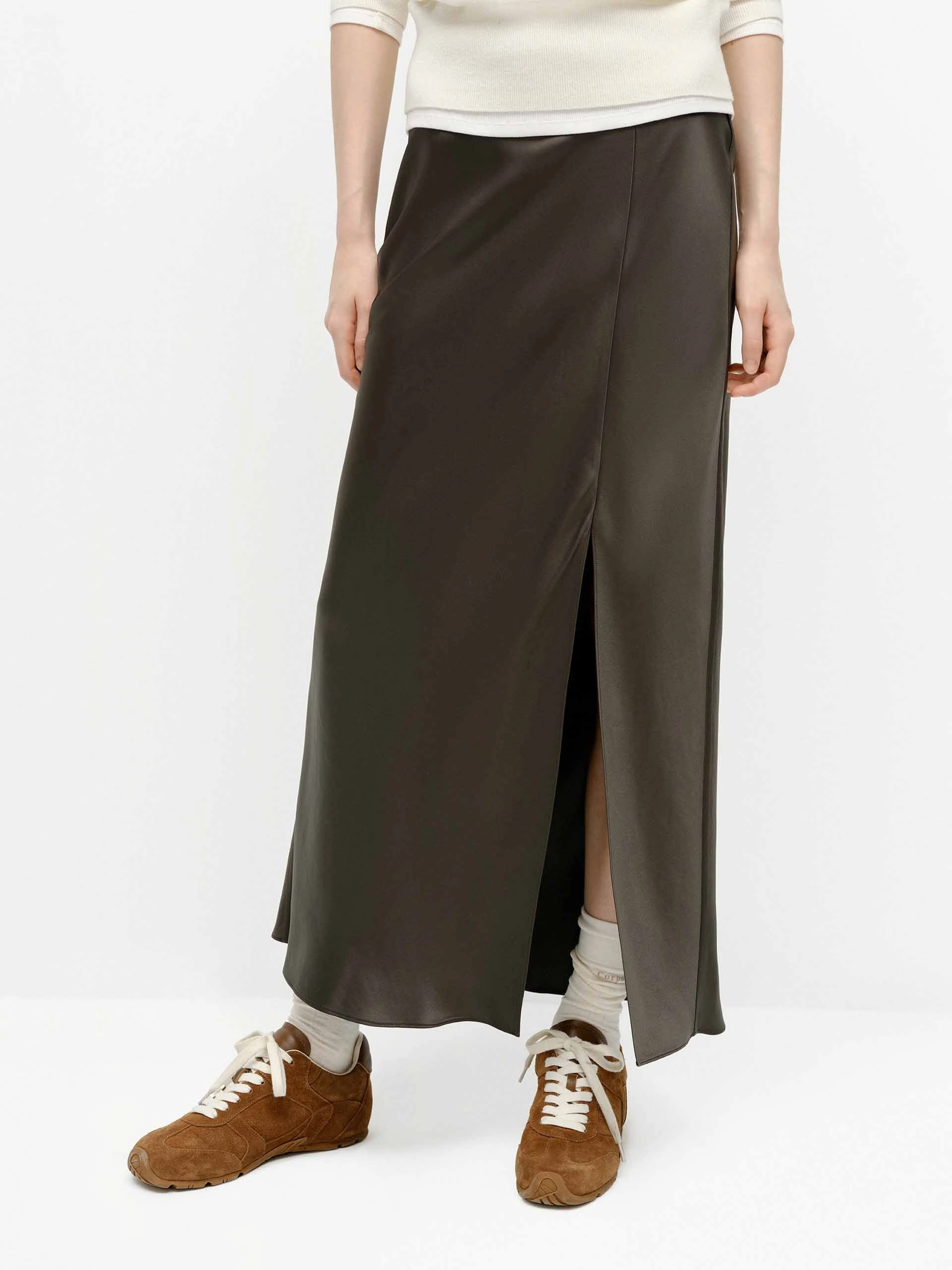 Leather Look yoga session Side Slit Satin Skirt