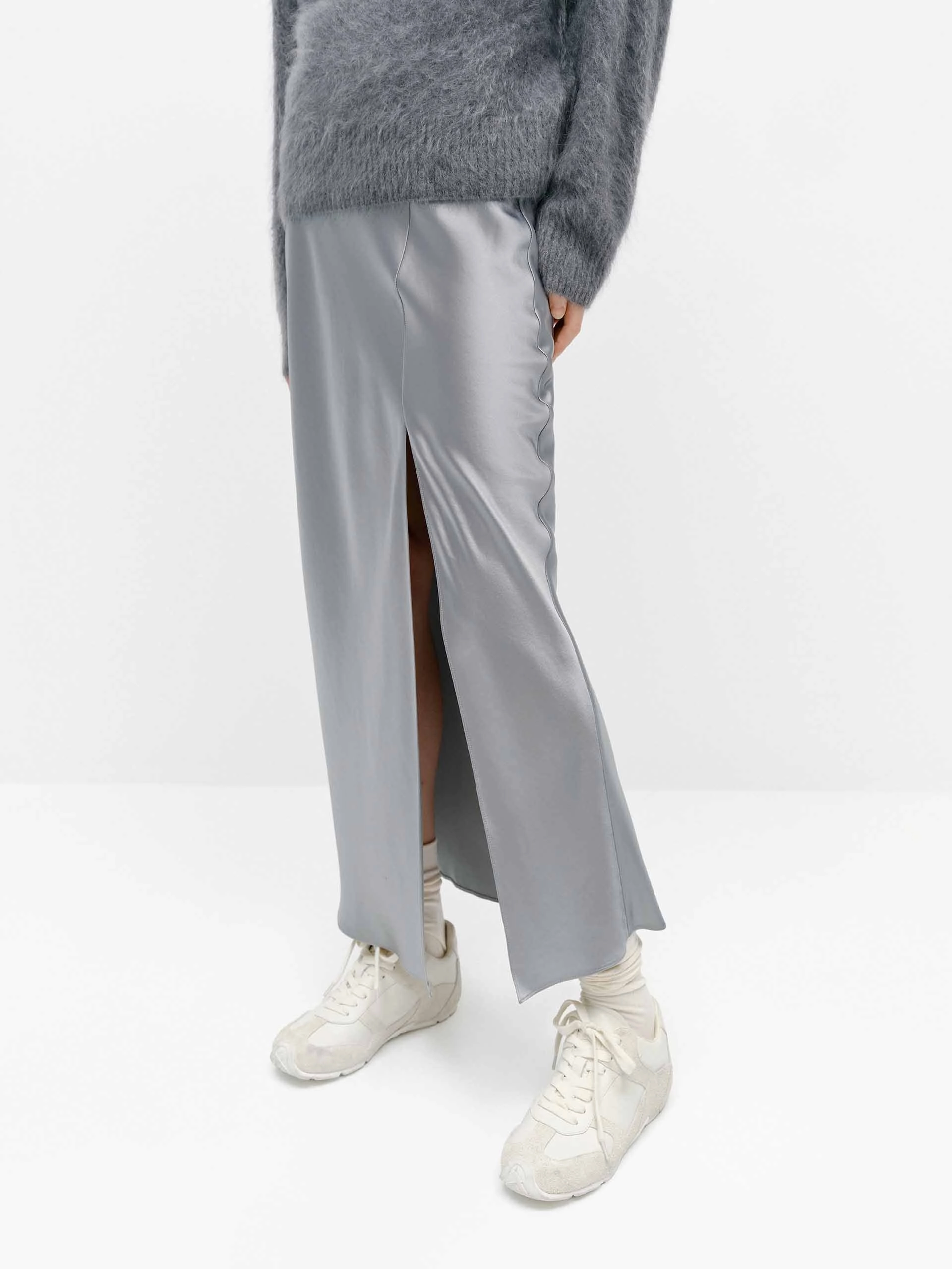 Side Slit Satin Skirt Modern Outfit Light Outfit