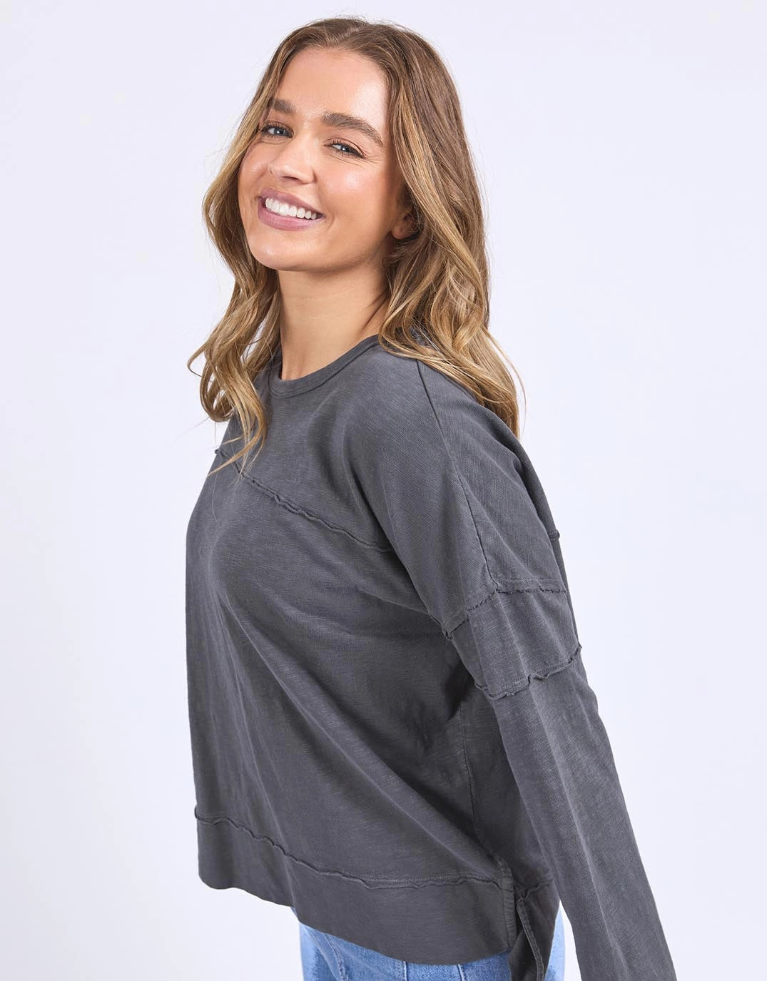 Ultra Soft Texture Ergonomic Cut Jayne Throw On Top - Charcoal