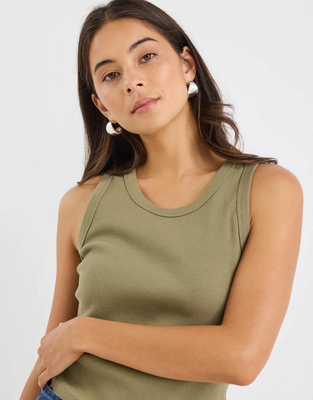 Cobble Rib Cutaway Tank - Khaki cotton material Elastic