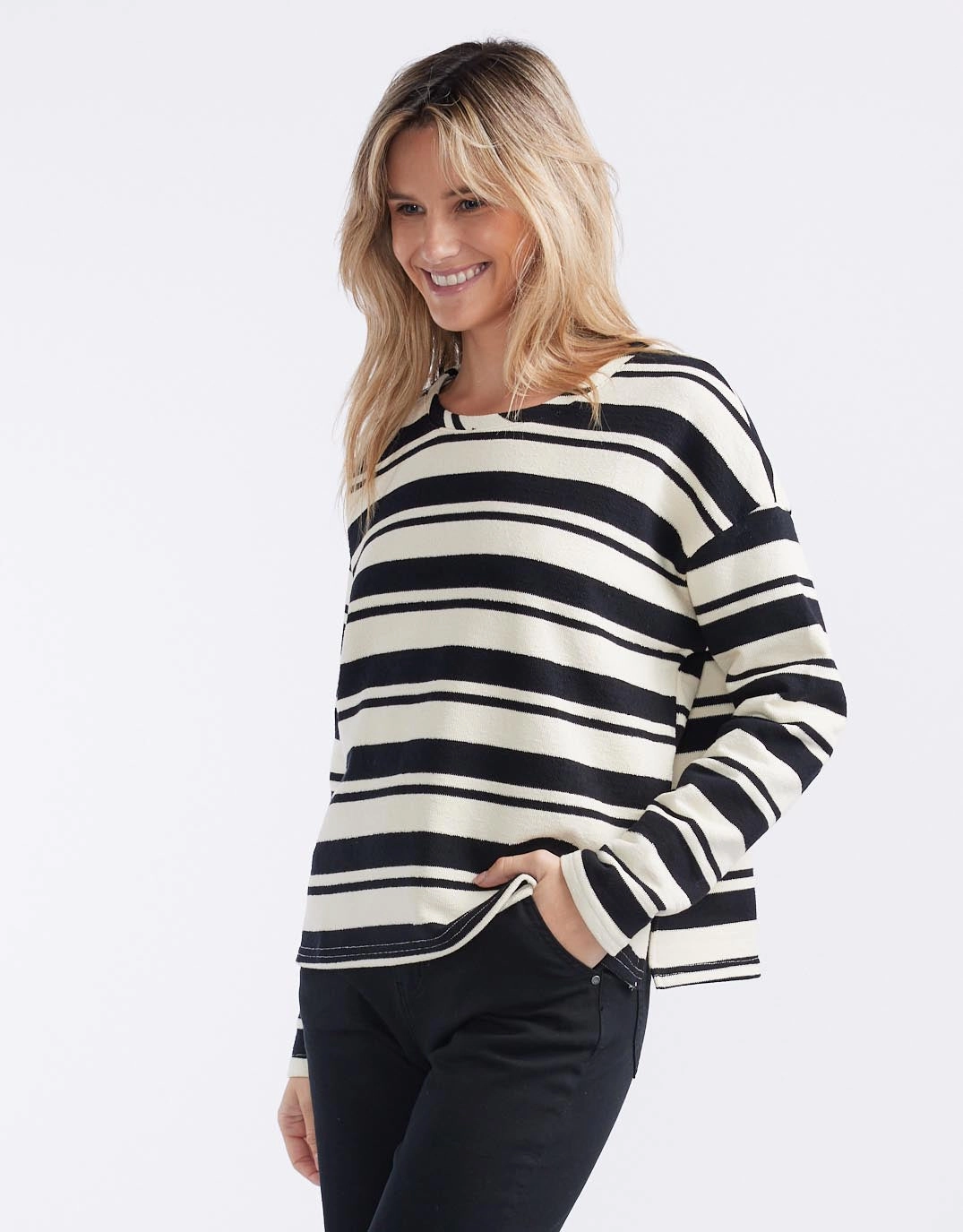 Isla Stripe Top - Cream/Black polo neck winter warmth