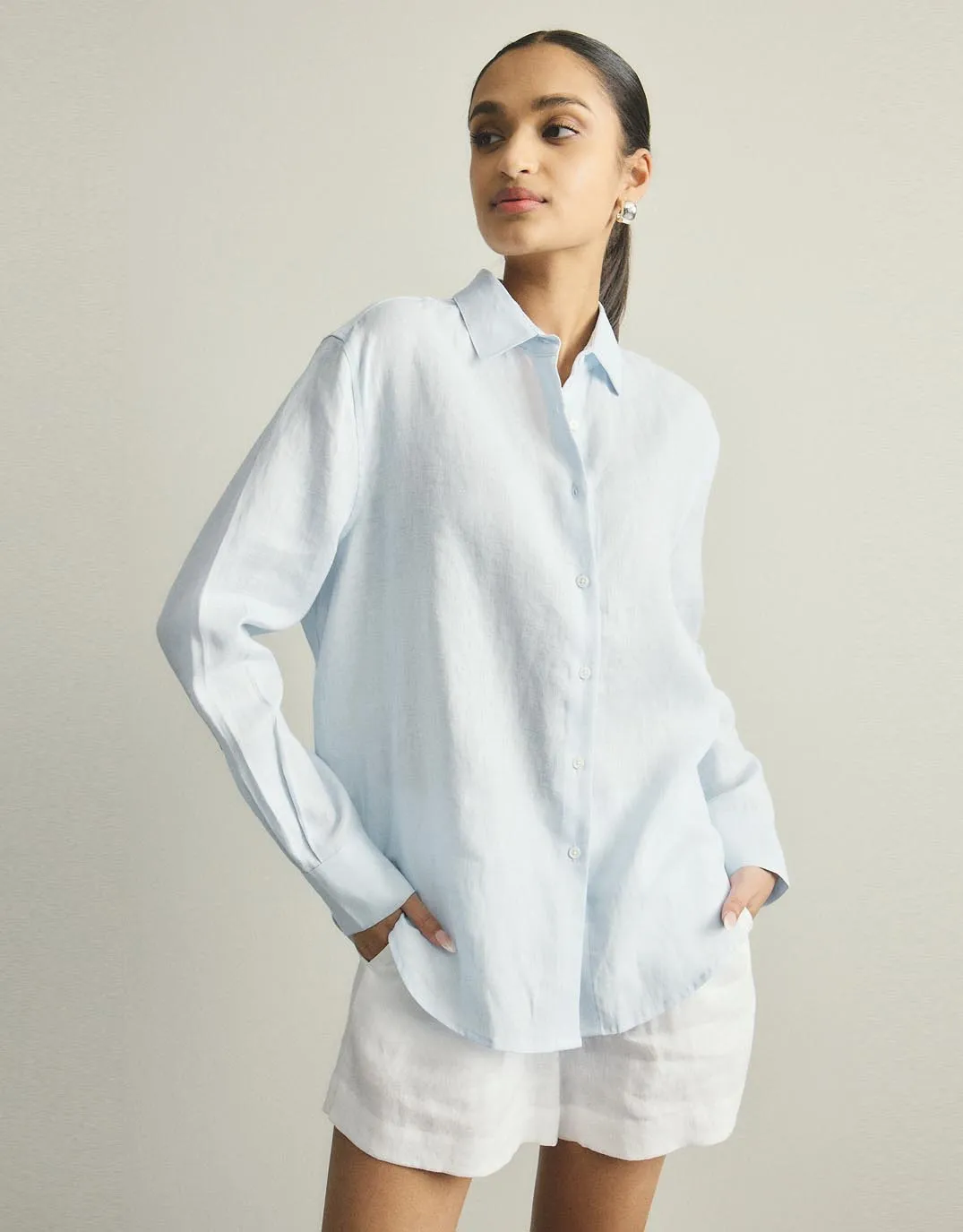 Katie Linen Shirt - Powder Blue Raw edge UV Protective Coating