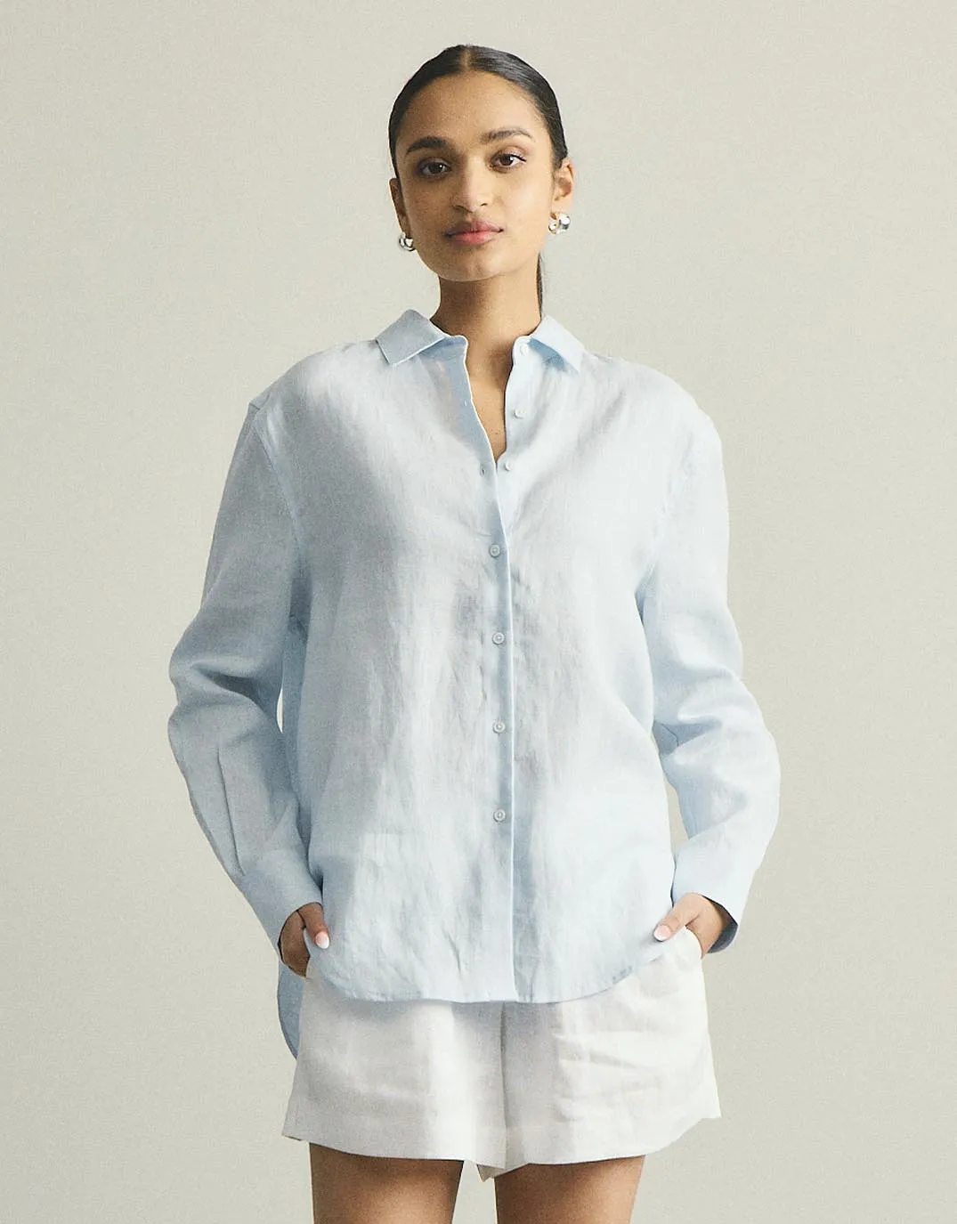 Ergonomic Back Panel Summer Must-have Katie Linen Shirt - Powder Blue
