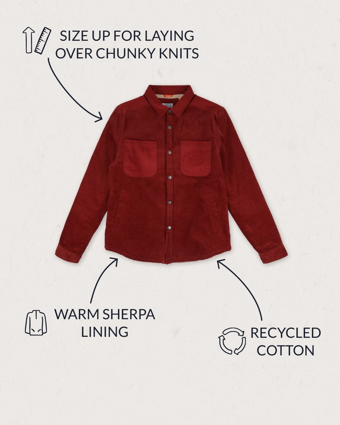 Comfy Fit Piece Clean Minimal Look Kodiak Sherpa Lined Cord Overshirt - Russet Brown