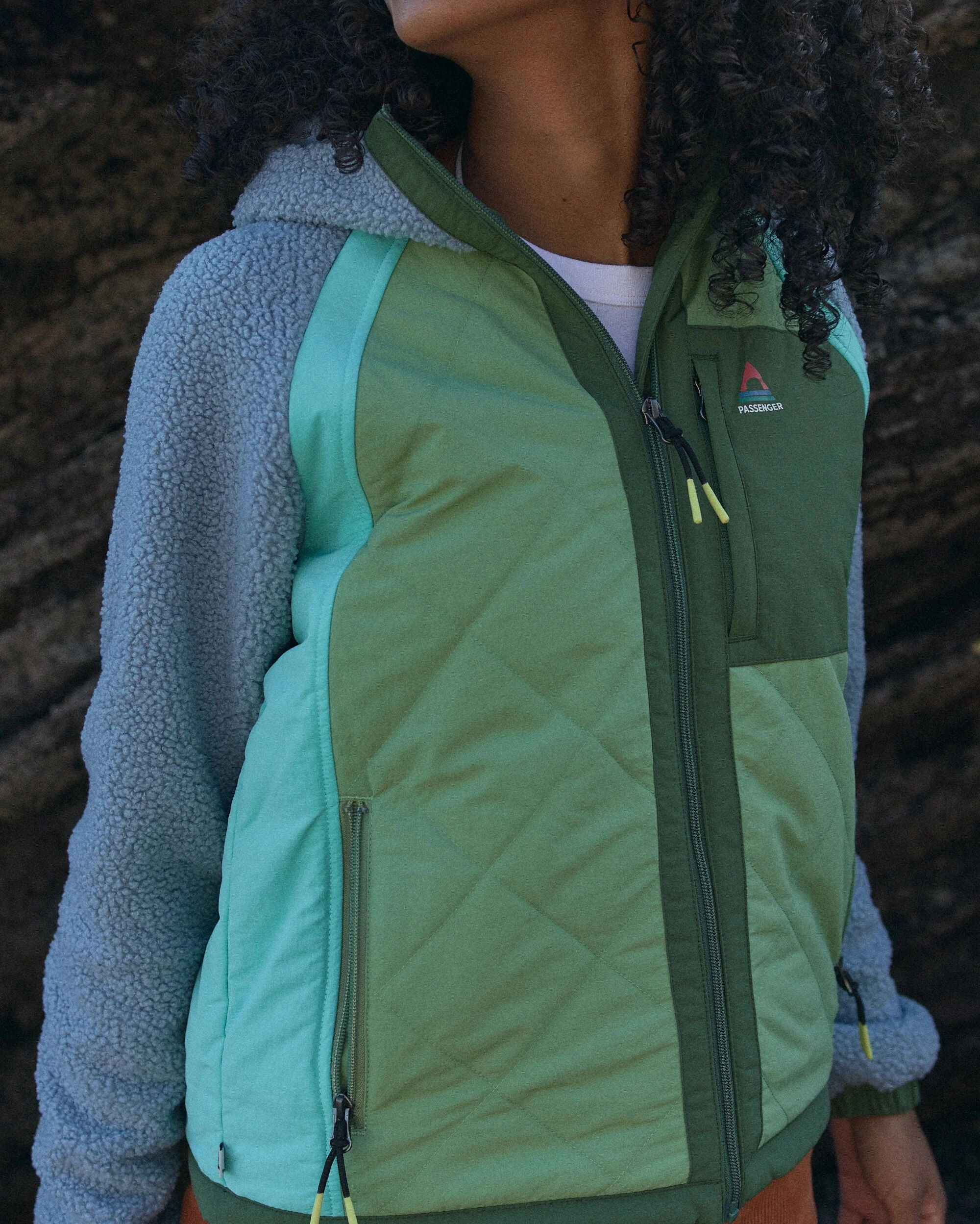 Lara Quilted Jacket - Faded Denim/Stem Green Compact Travel Friendly Thermo Regulating Fabric