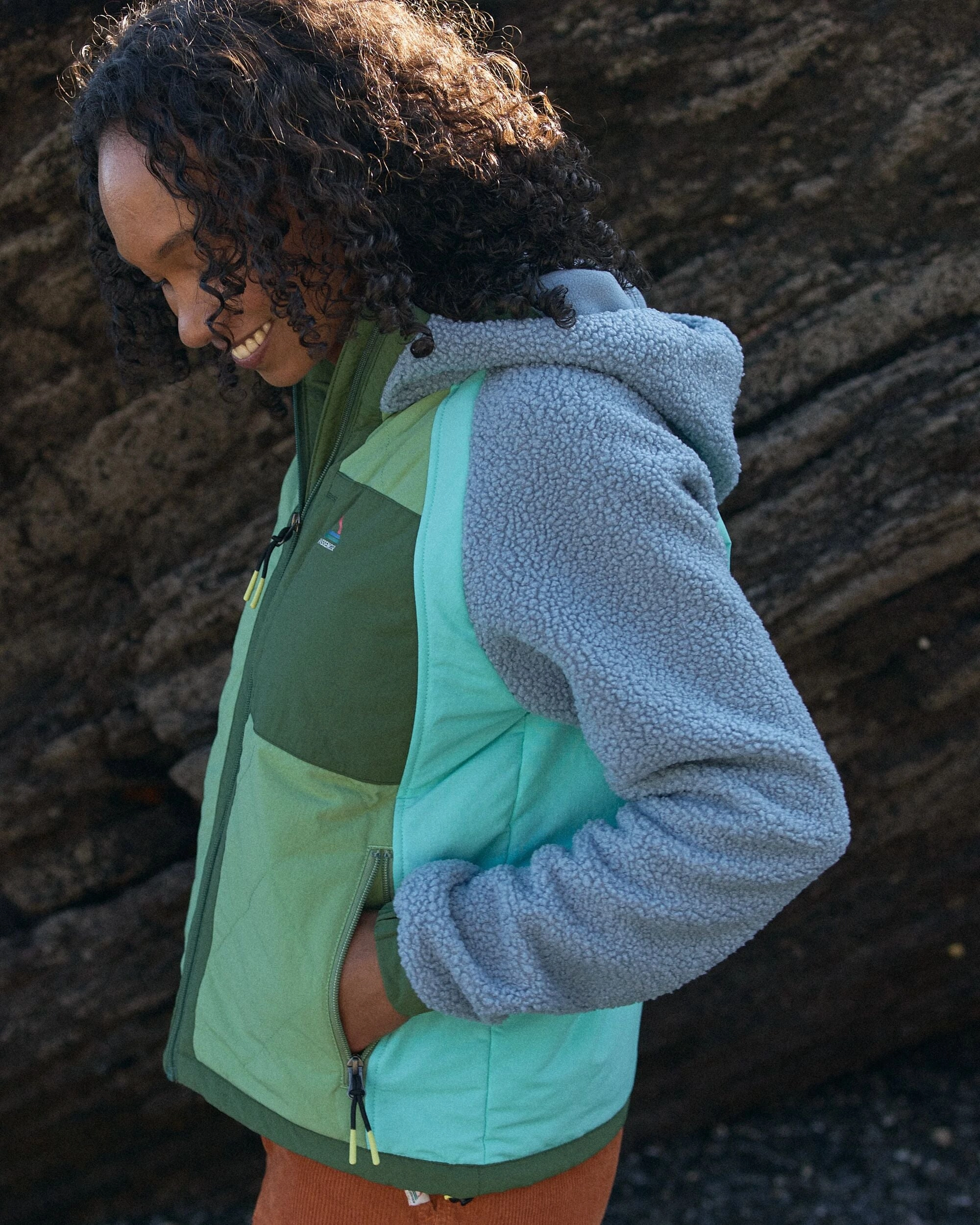 Lara Quilted Jacket - Faded Denim/Stem Green Flexible Articulated Elbows Multi Pocket System
