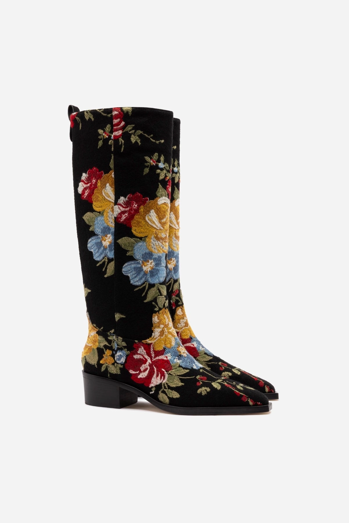 Larroud?? x Markarian Florencia Boot In Floral Embroidery Black Fabric Rugged Built Weather Resistant User