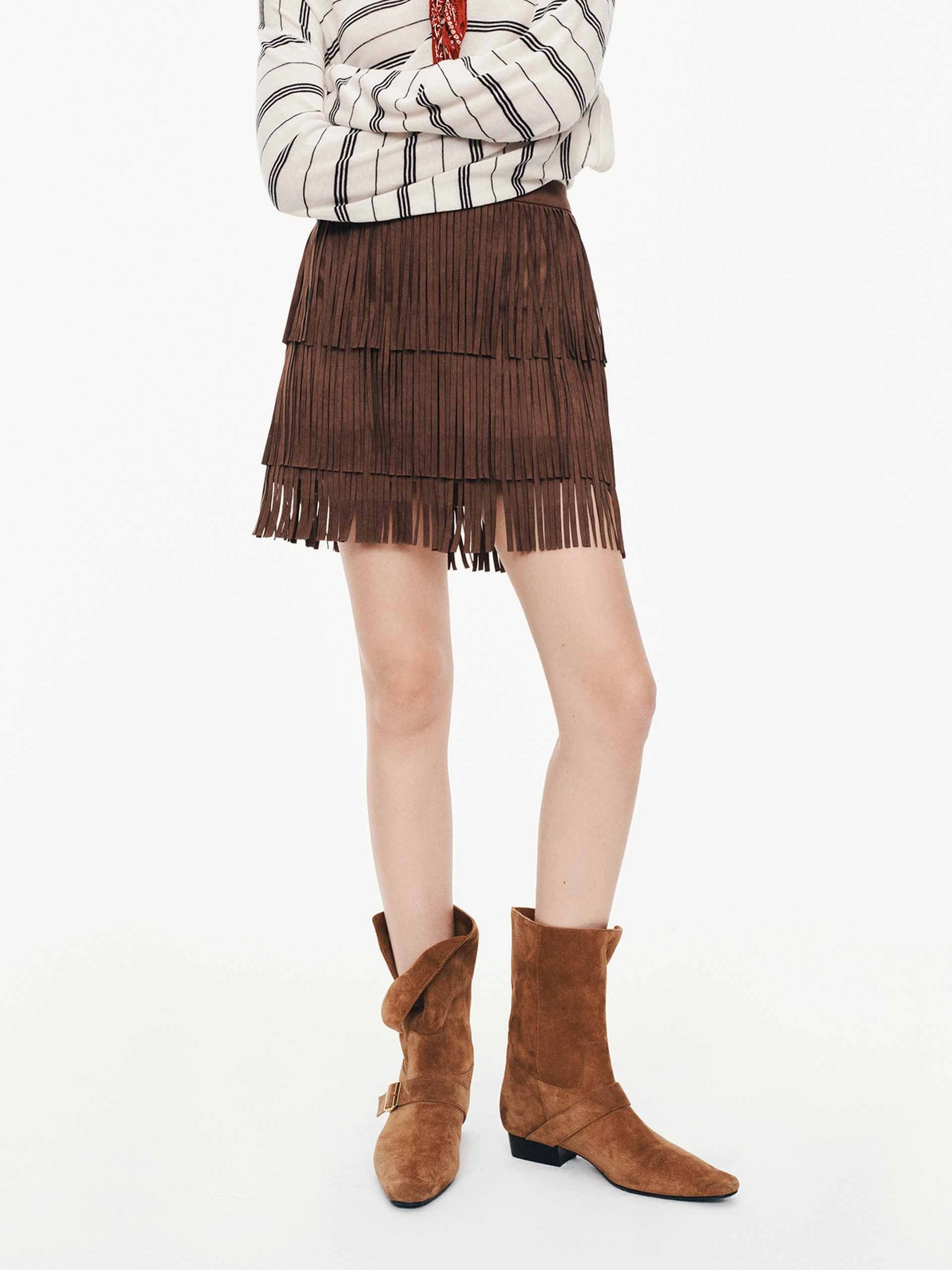 Timeless Wear Vibrant Touch Fringe Faux Suede Mini Skirt