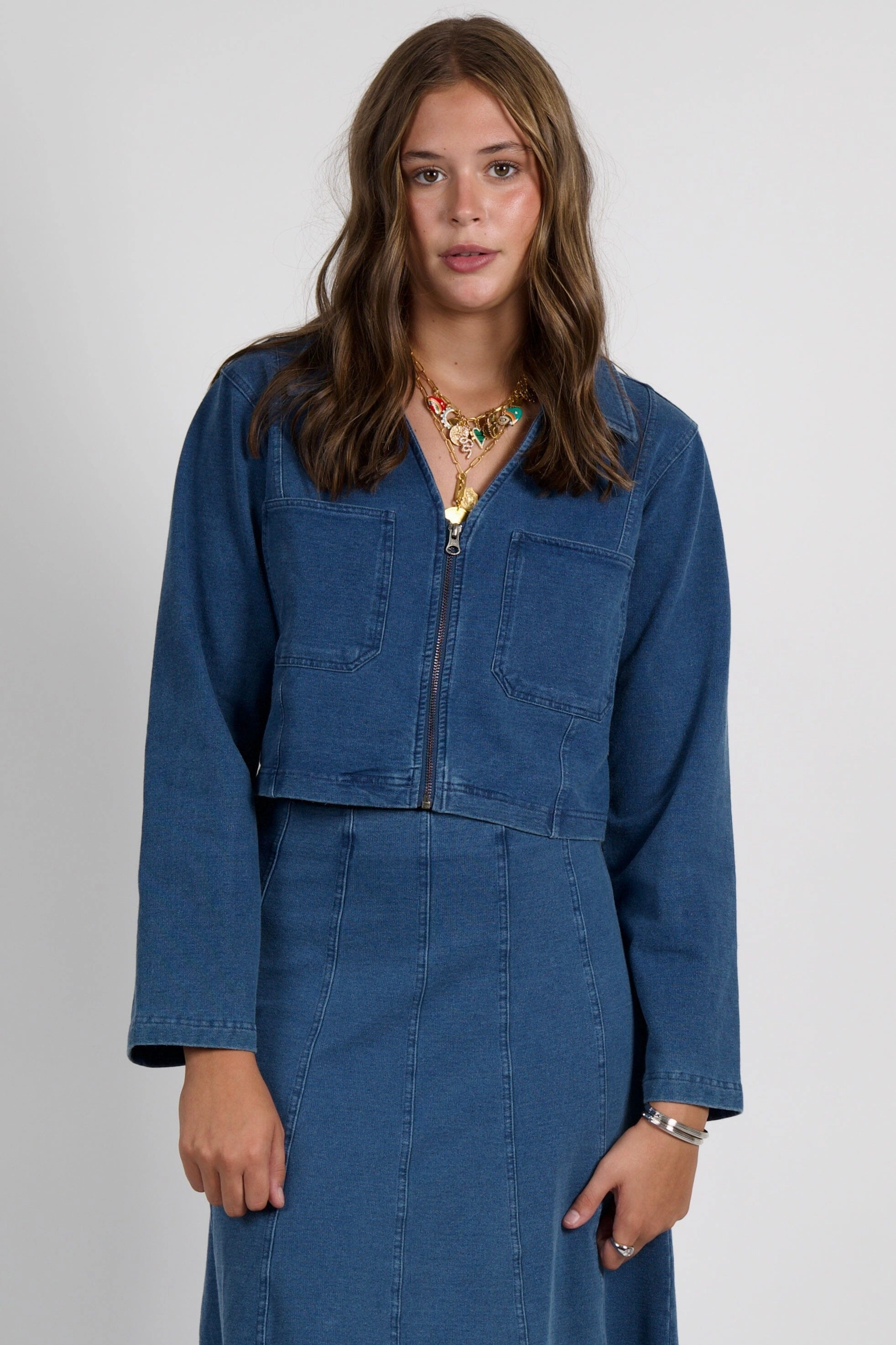 Light Reflective Zippers SUNDAYS | Lillie Top - Medium Wash Denim