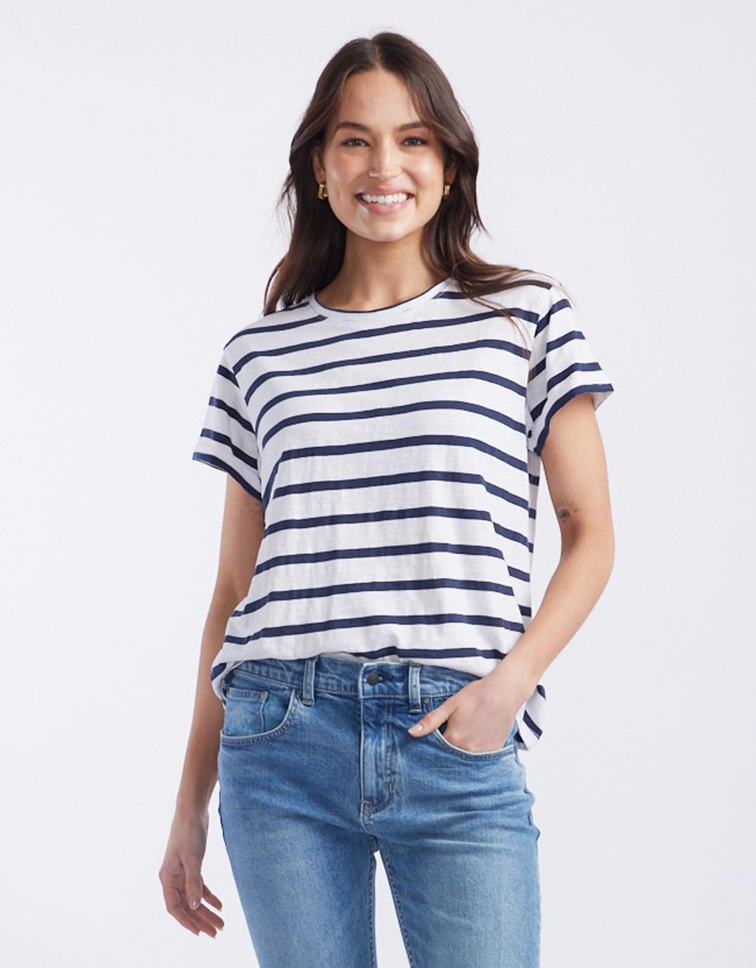 Work efficiency Turn Back T-Shirt - White/Navy Stripe