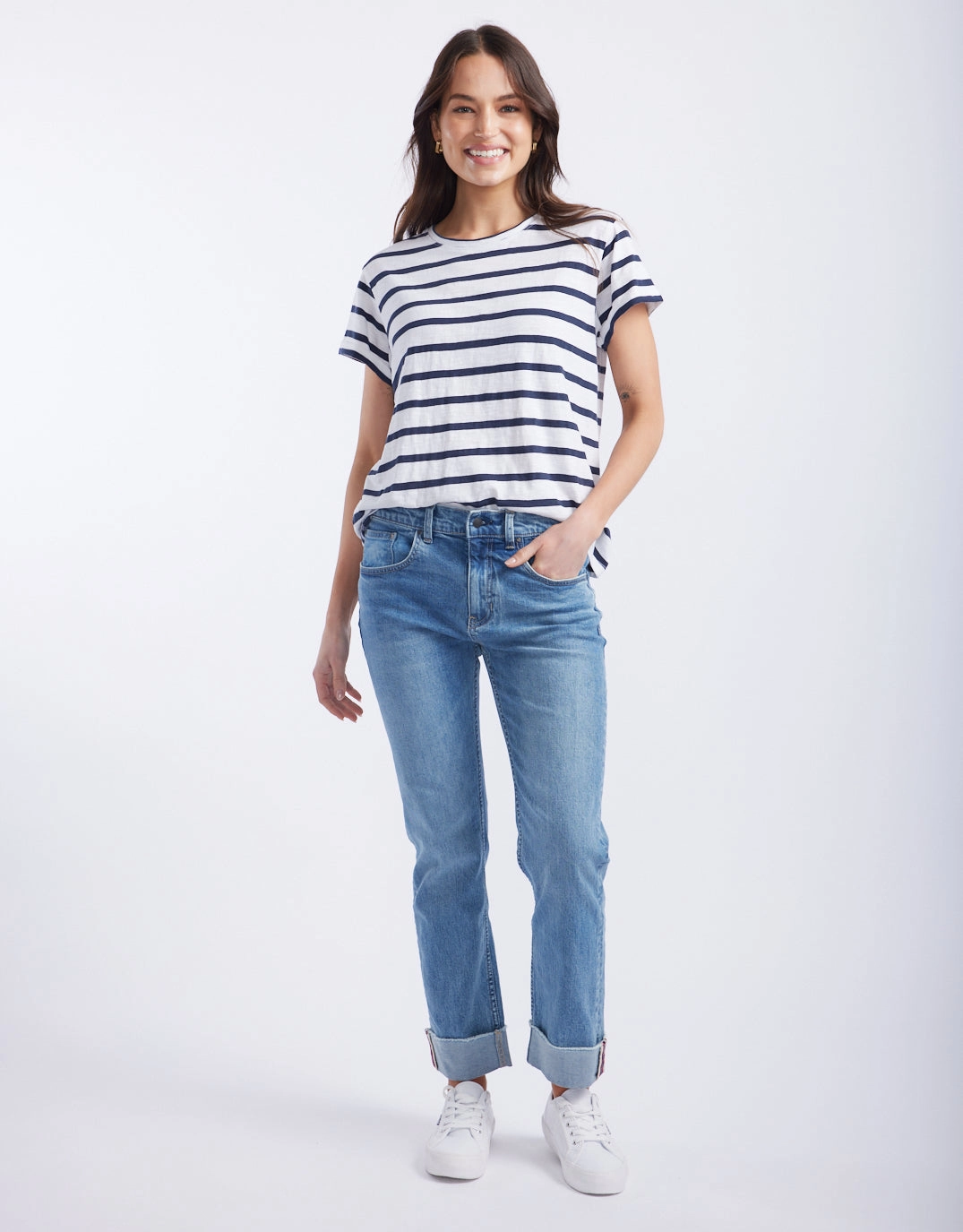Turn Back T-Shirt - White/Navy Stripe Seasonal Outfit