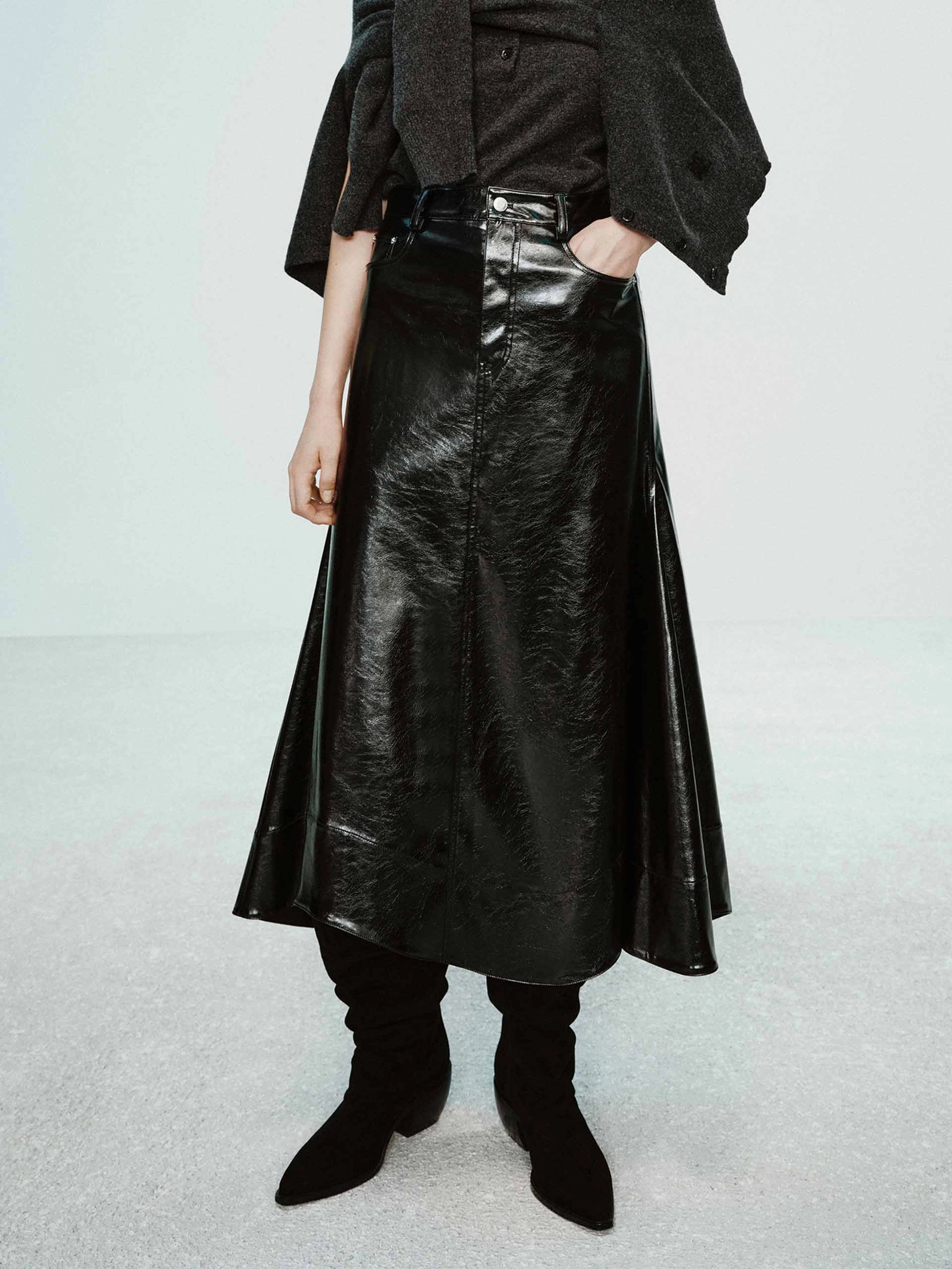 Season To Season Laser cut Leather A-line Cut Skirt