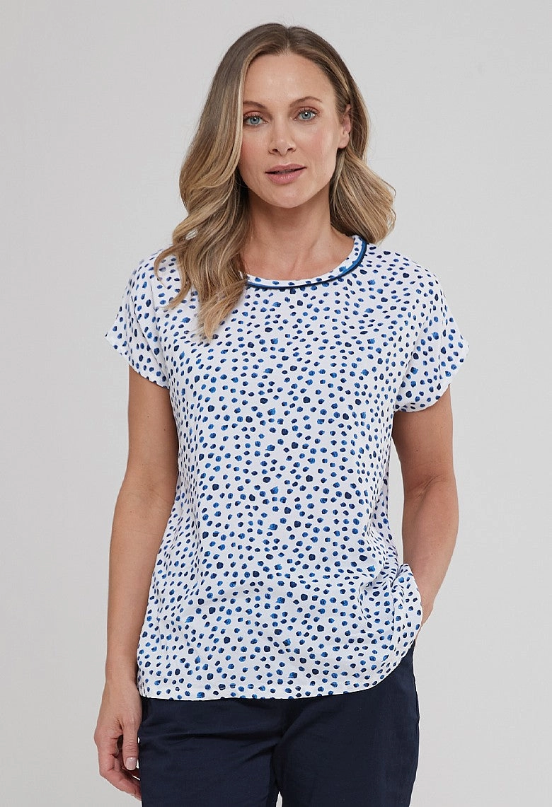 Leena Top Ink Spot Print - Navy/White Stylish Hoodie TaglessNecklineComfort