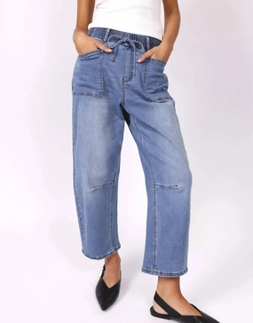Leo Barrel Jeans - Blue Denim Customizable Hem Options