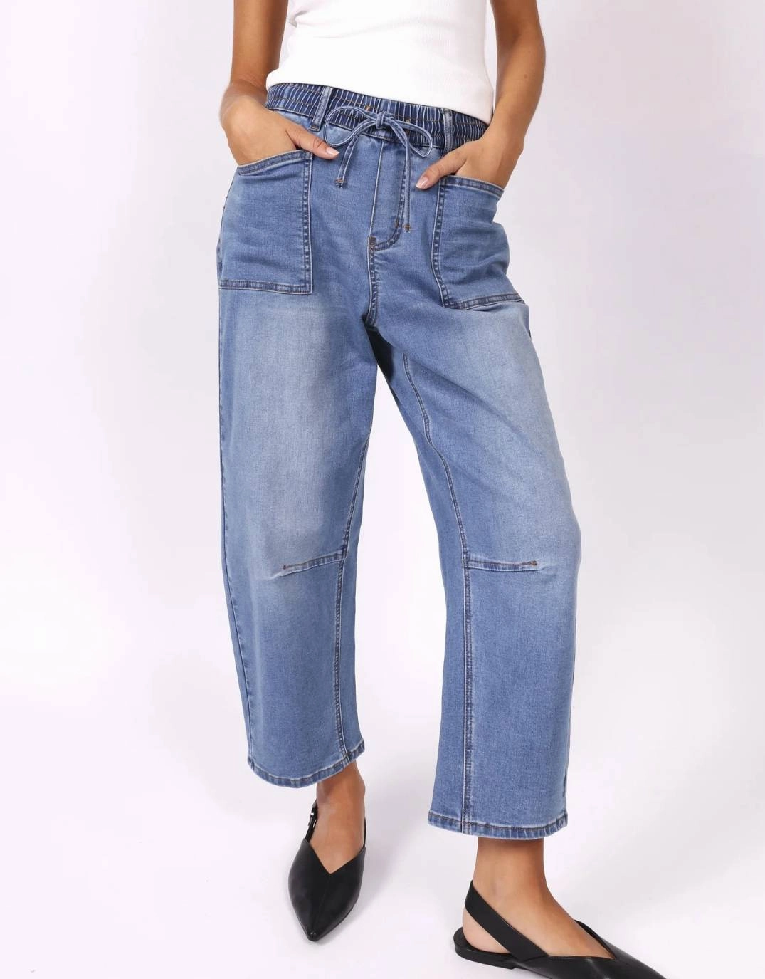 Leo Barrel Jeans - Blue Denim Customizable Hem Options