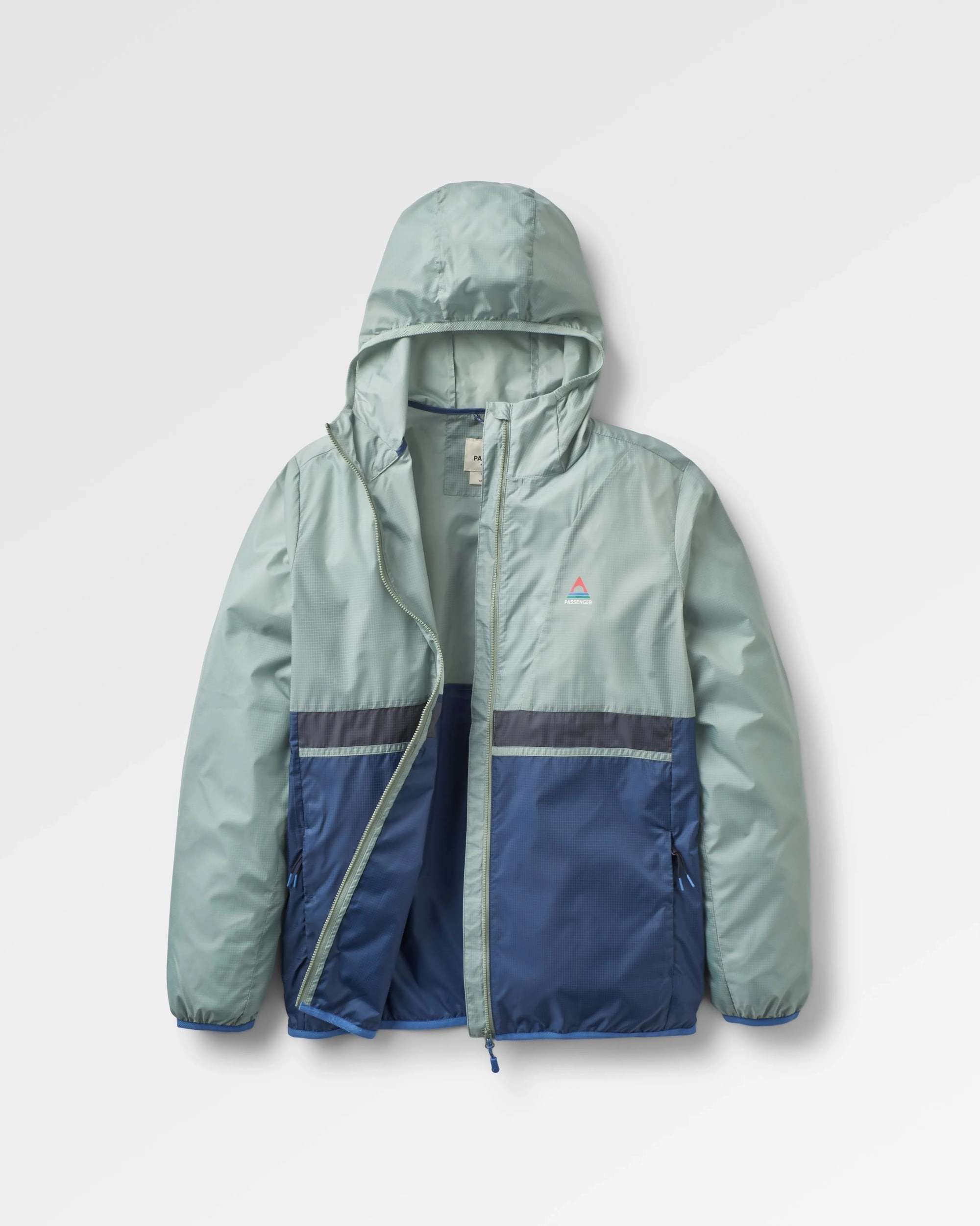 Viento Recycled Windshell Jacket - Pistachio/Dark Denim Abrasion Resistant Trim Adjustable drawstring
