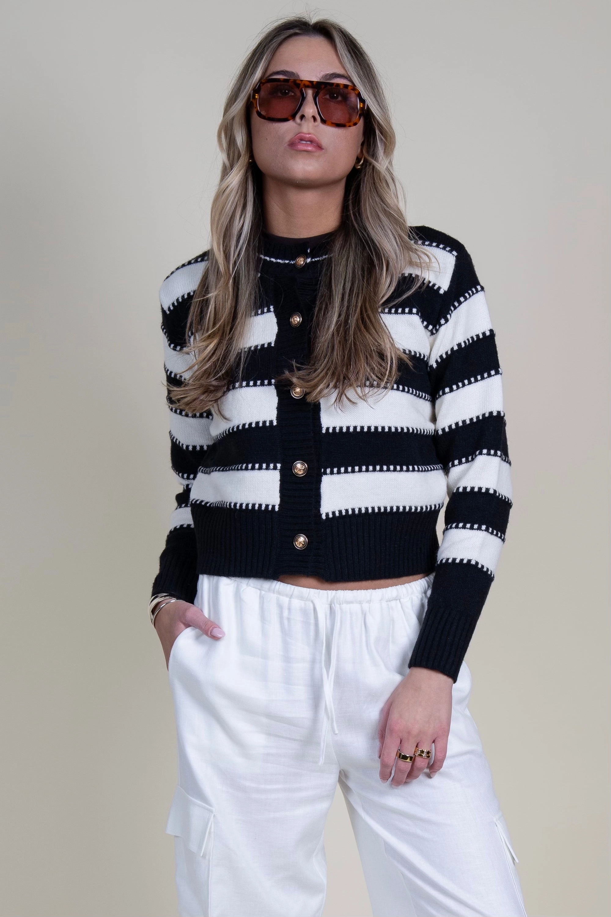 LINE   DOT | Sofi Cardigan - Black/Ivory Calm Tones