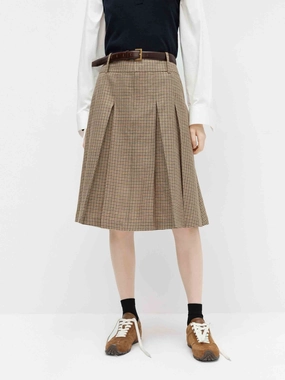 Fold Over Detail Linen Blend Pleated Skirt