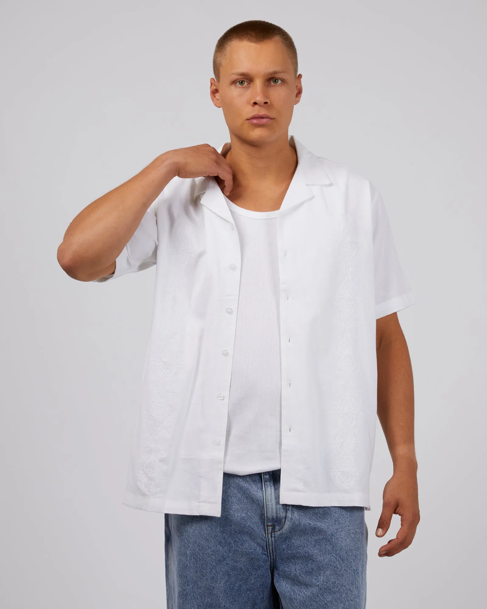 Luxury Feel Geometric Shape Lucca Short Sleeve Shirt White