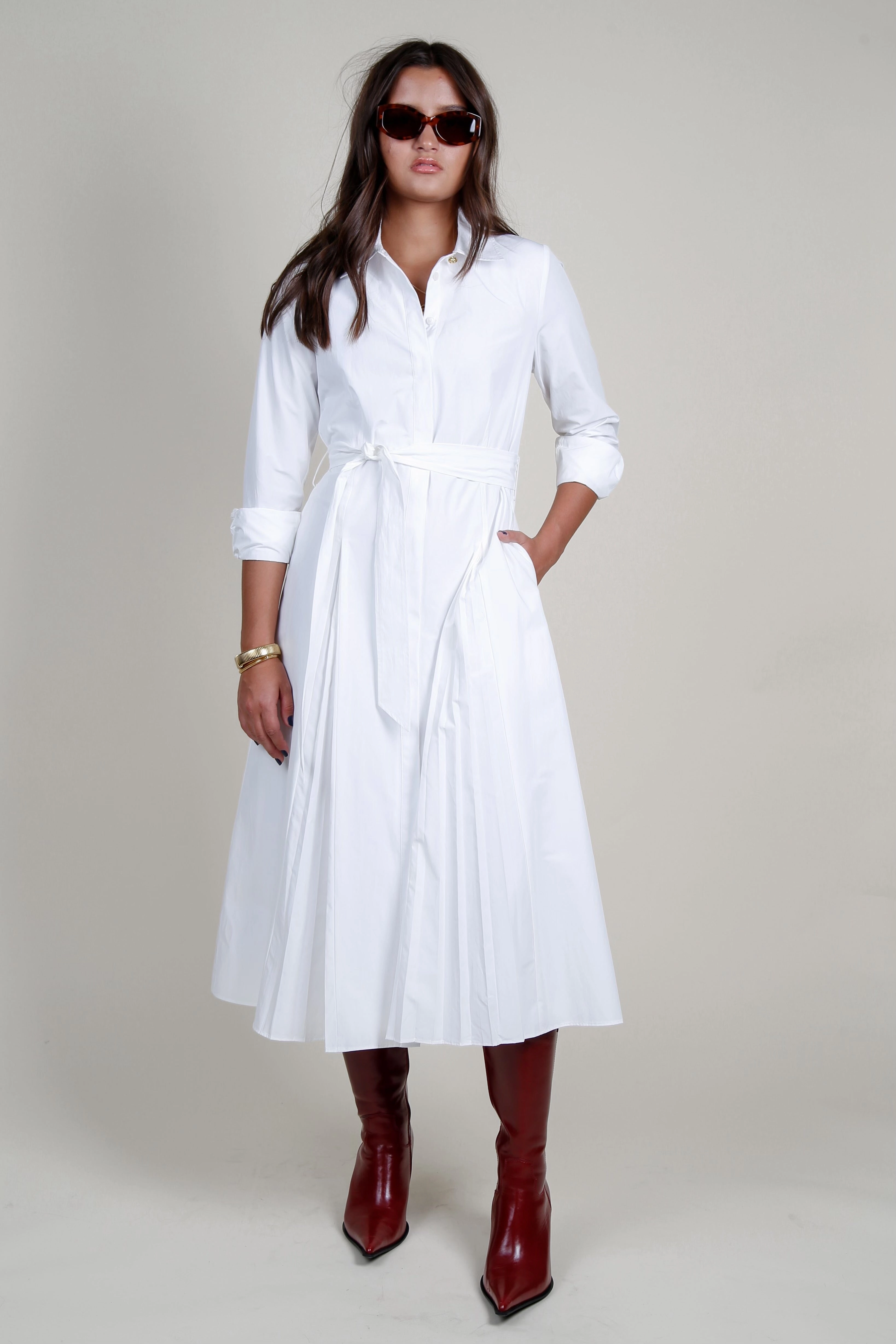 Evening Chic Invisible-Zip DEREK LAM | Annette Long Sleeve Pleated Shirt Dress - White
