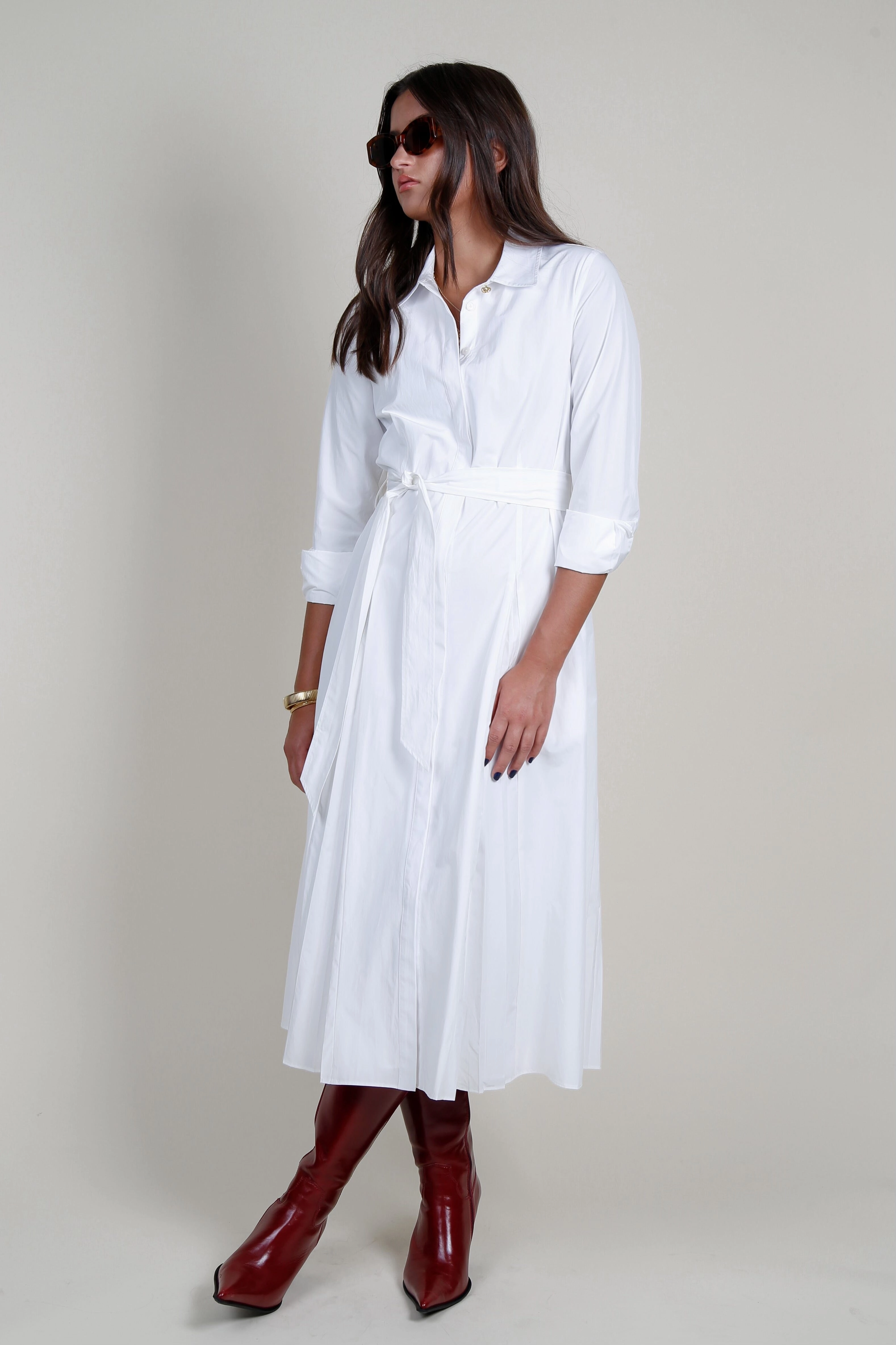 DEREK LAM | Annette Long Sleeve Pleated Shirt Dress - White Elegant holiday wear