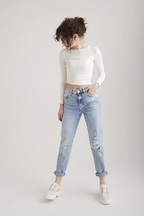 Lynn - Pant - Light Blue Destroyed - L30 Modern Style Wide Leg