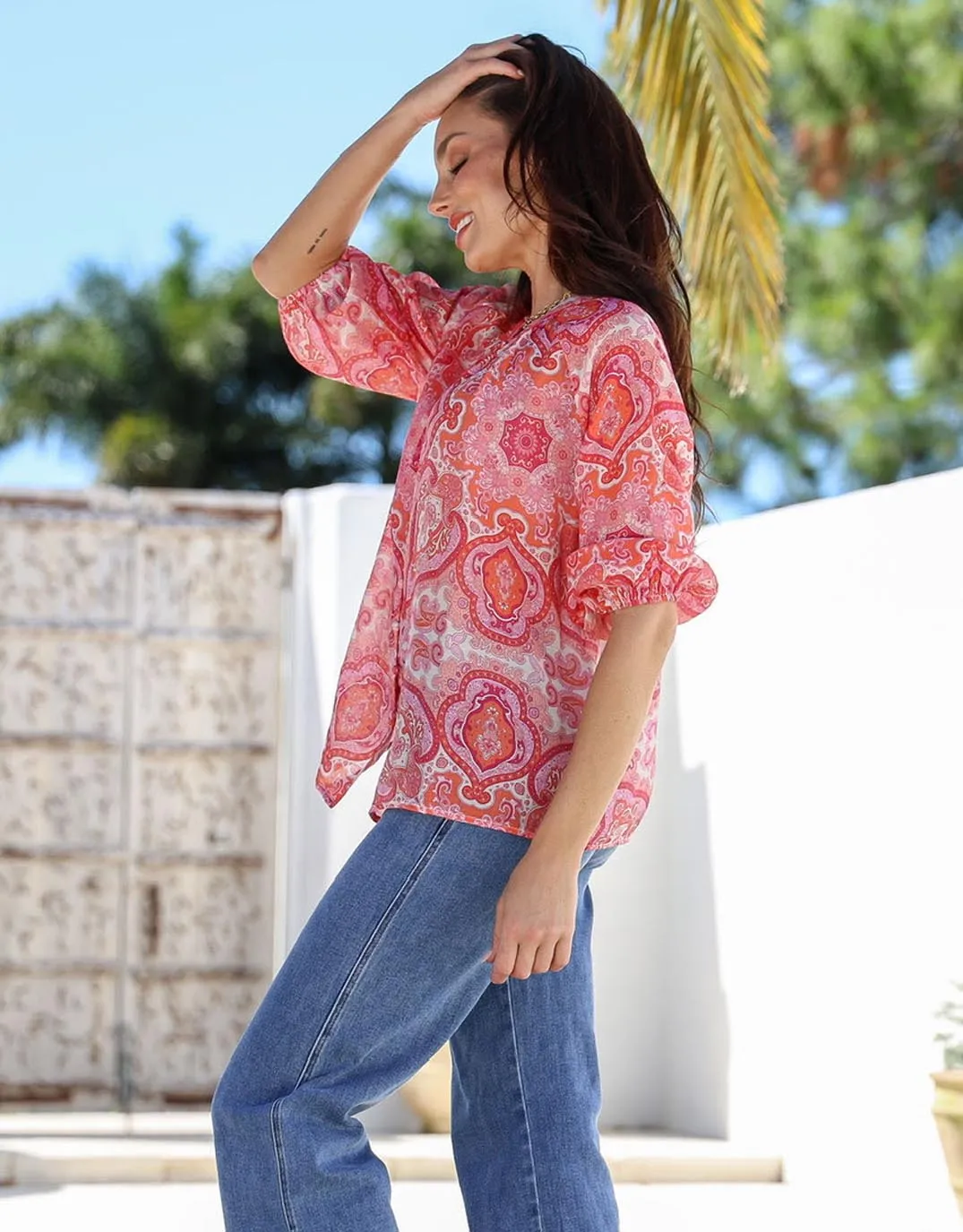 Malta Blouse - Red/Pink Paisley Fitted Silhouette Teen Fashion