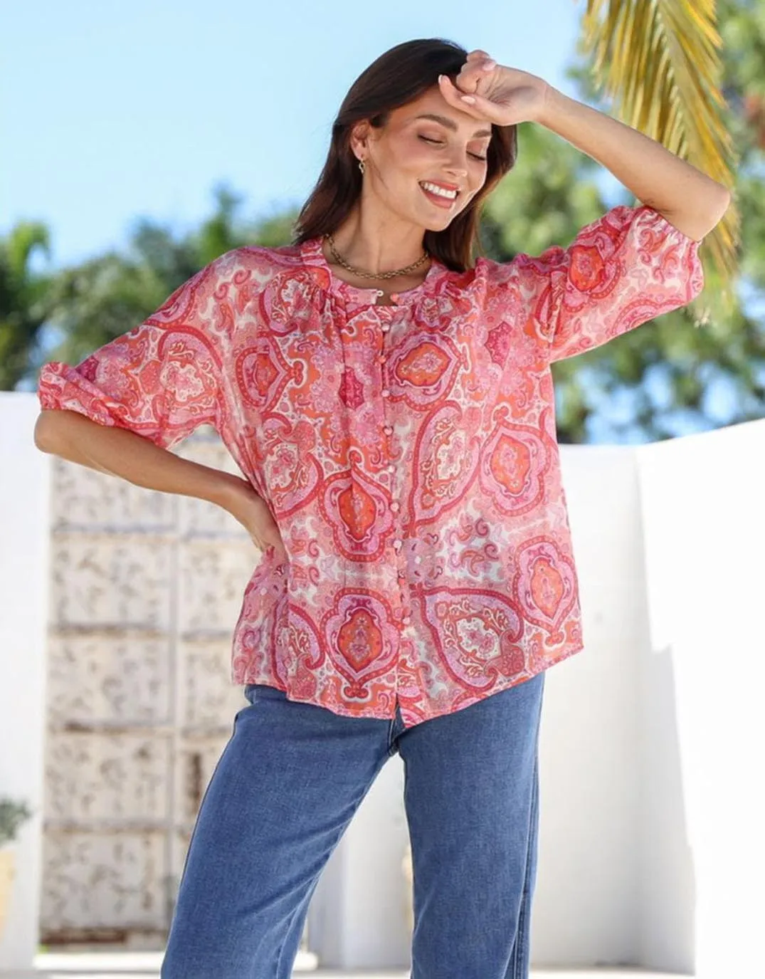 Malta Blouse - Red/Pink Paisley Classic Style
