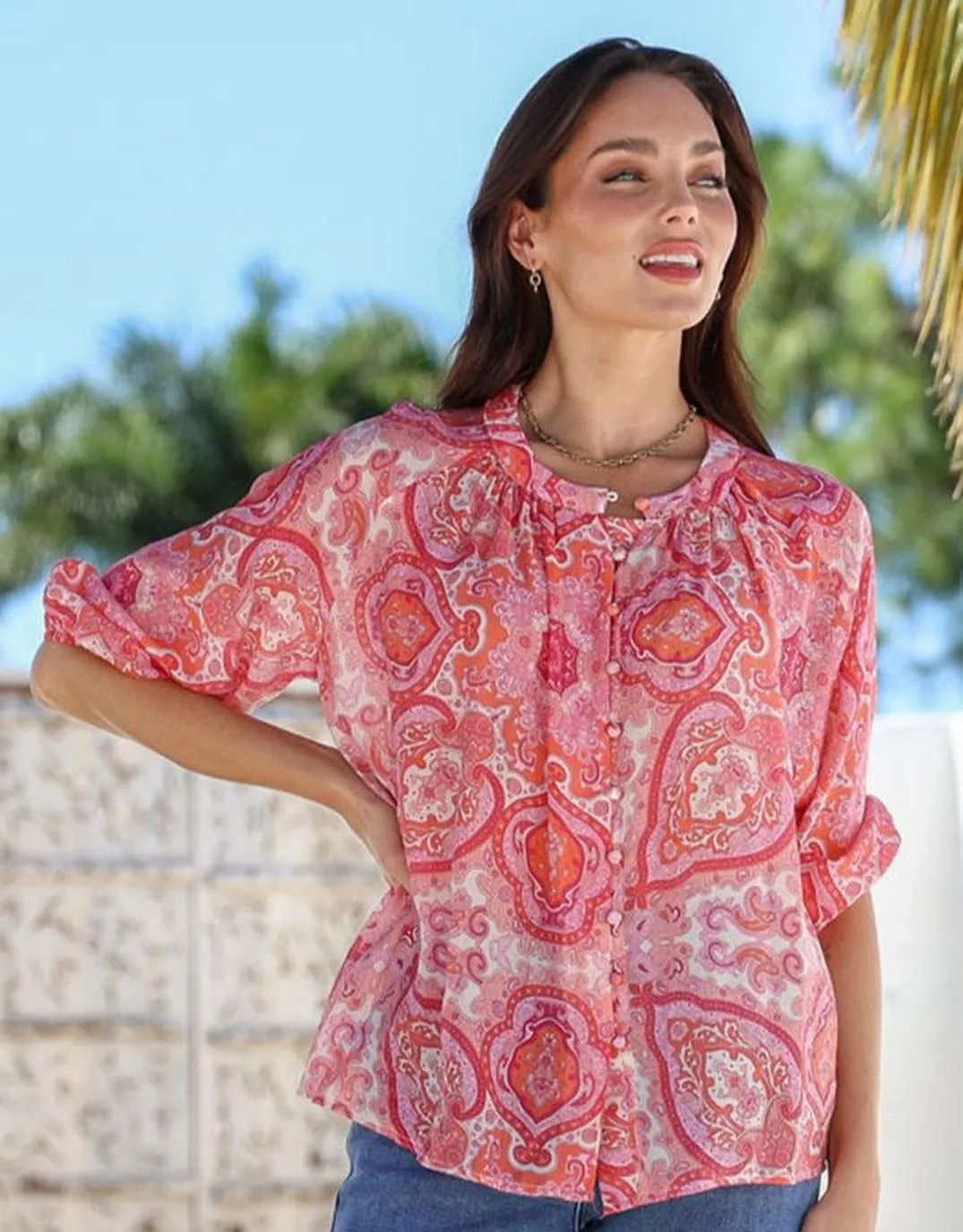 Clean Edge Trim Ergonomic Sleeve Cut Malta Blouse - Red/Pink Paisley