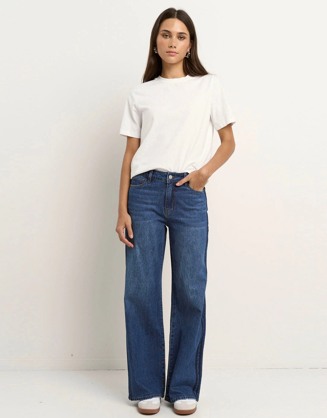 Manhattan Mid Rise Side Stripe Wide Leg Jean - Mid Blue Low Maintenance Denim