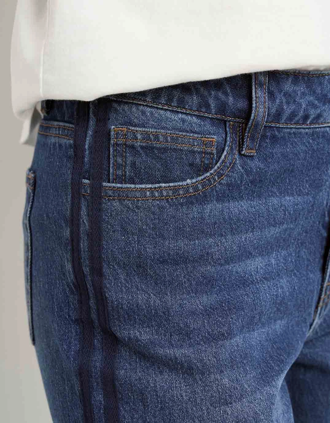 Manhattan Mid Rise Side Stripe Wide Leg Jean - Mid Blue Minimal Shrinkage Fabric Built For Life
