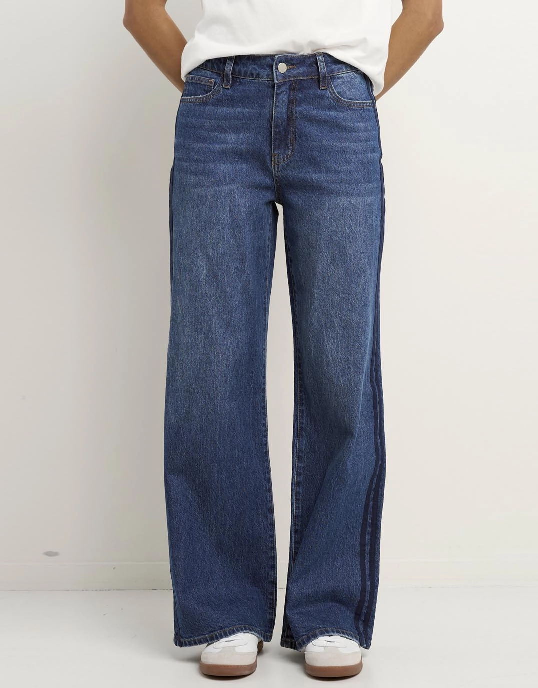 Manhattan Mid Rise Side Stripe Wide Leg Jean - Mid Blue Fit For Daily Sunny Vibes Office Wear