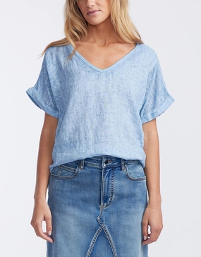 Sleek Layer Travel Wear V Neck Calypso Short Sleeve Top - Denim