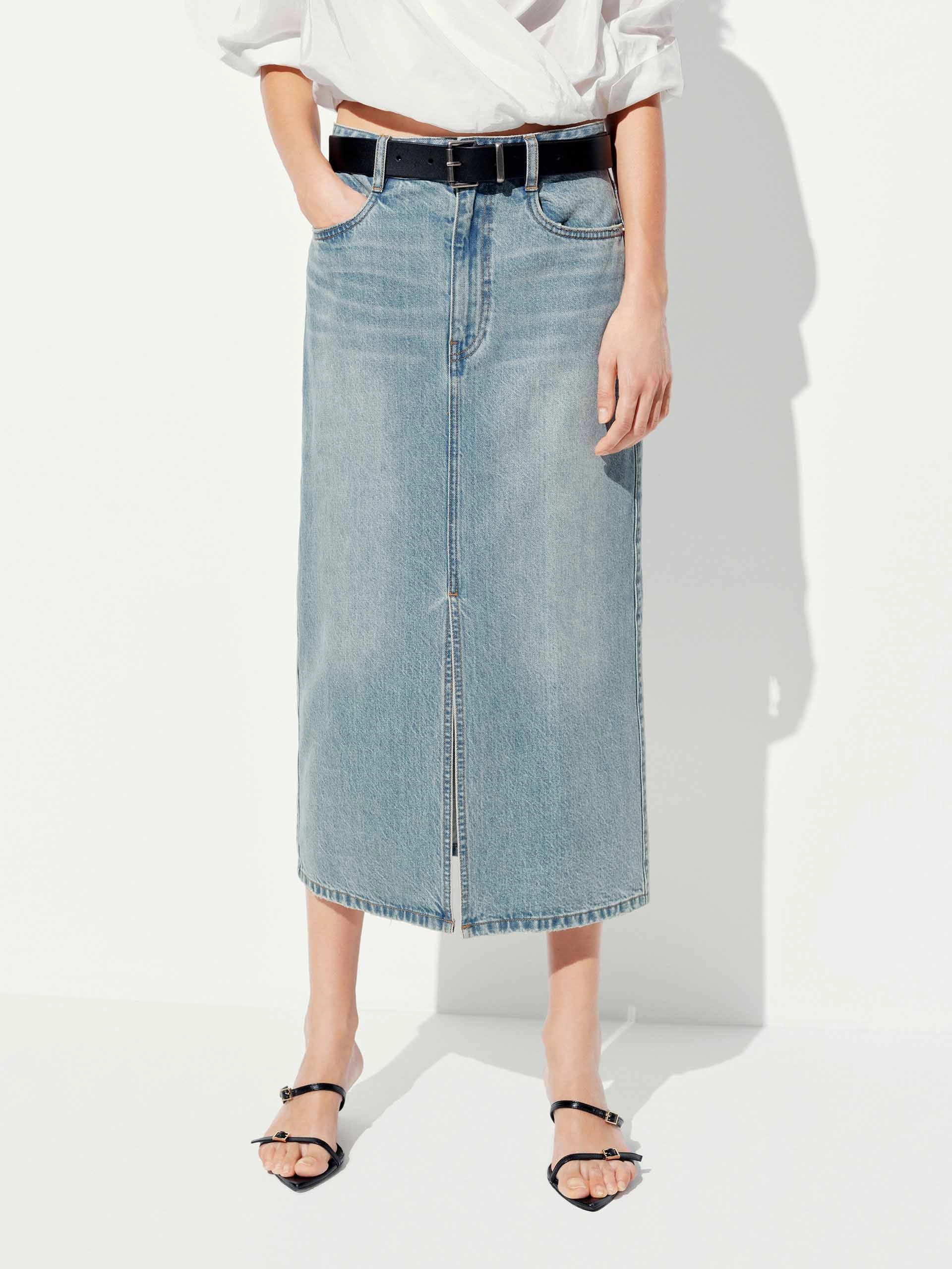 Hemp Blend Coordinated Set Cotton Denim Midi Skirt