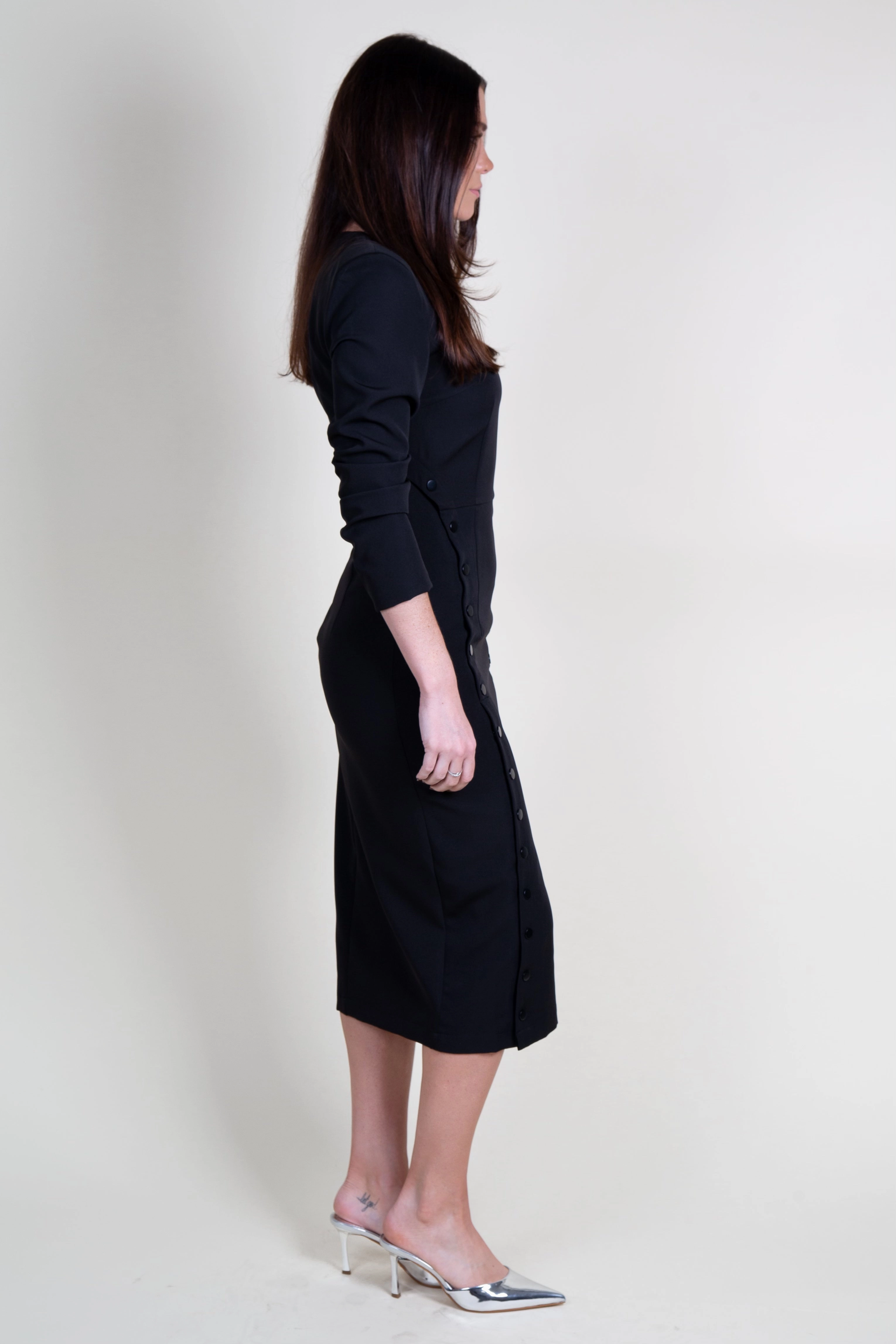 NONCHALANT | Cora Dress - Black Luxurious Texture Pearl-Detail