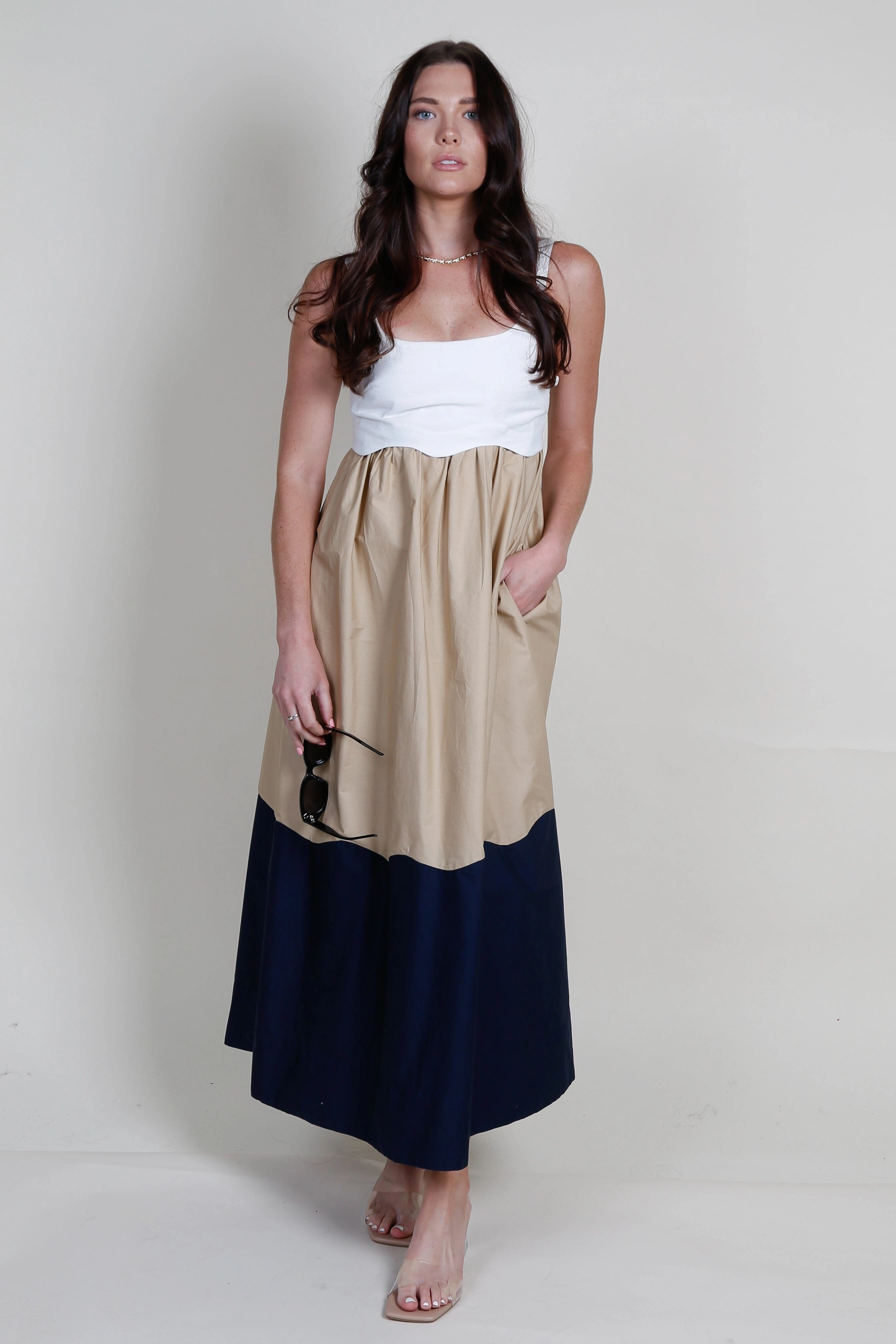 MON RENN | Formation Sundress - White Sand/Navy Luxurious Texture Minimal Fit