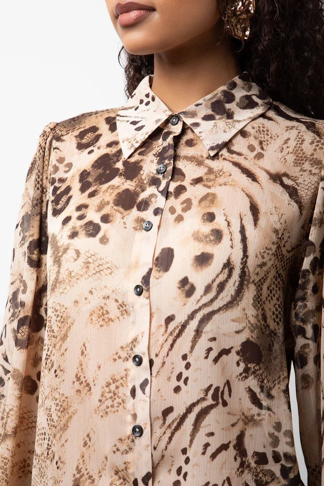Long Sleeve Chiffon Puff Sleeve Blouse Natural Ribbed collar Ultra Soft Handfeel