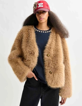 Essentiel Antwerp Ijacket Faux Fur in Beige Winter Ready Matte Surface Texture