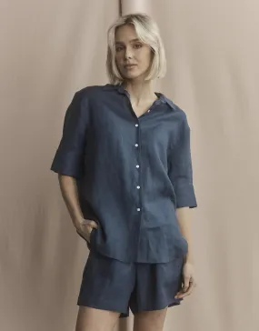Nora Linen Shirt - French Navy Anti Pilling Treatment