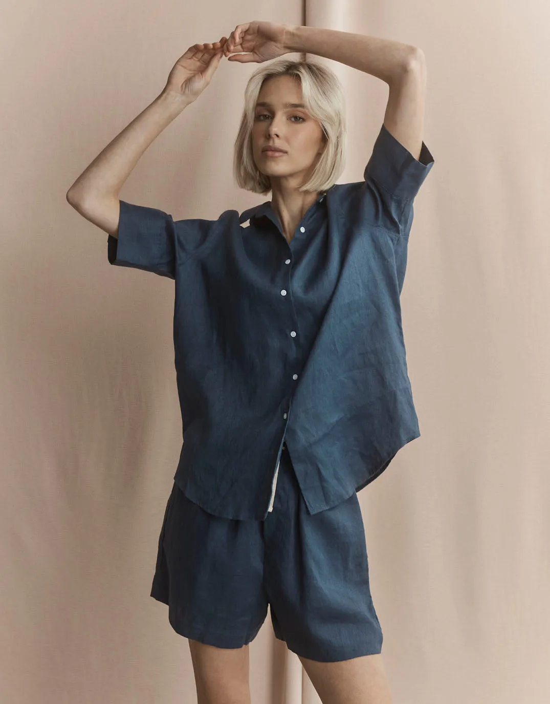 Nora Linen Shirt - French Navy Thermoregulating Fabric Cultural Inspired