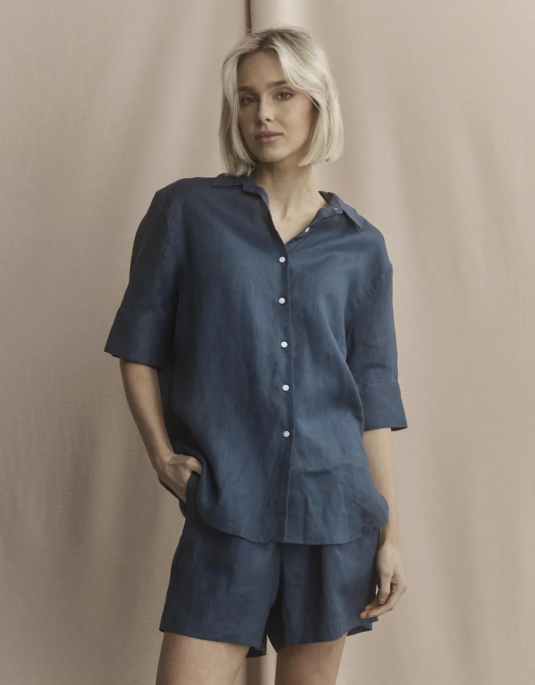 Nora Linen Shirt - French Navy Anti Pilling Treatment