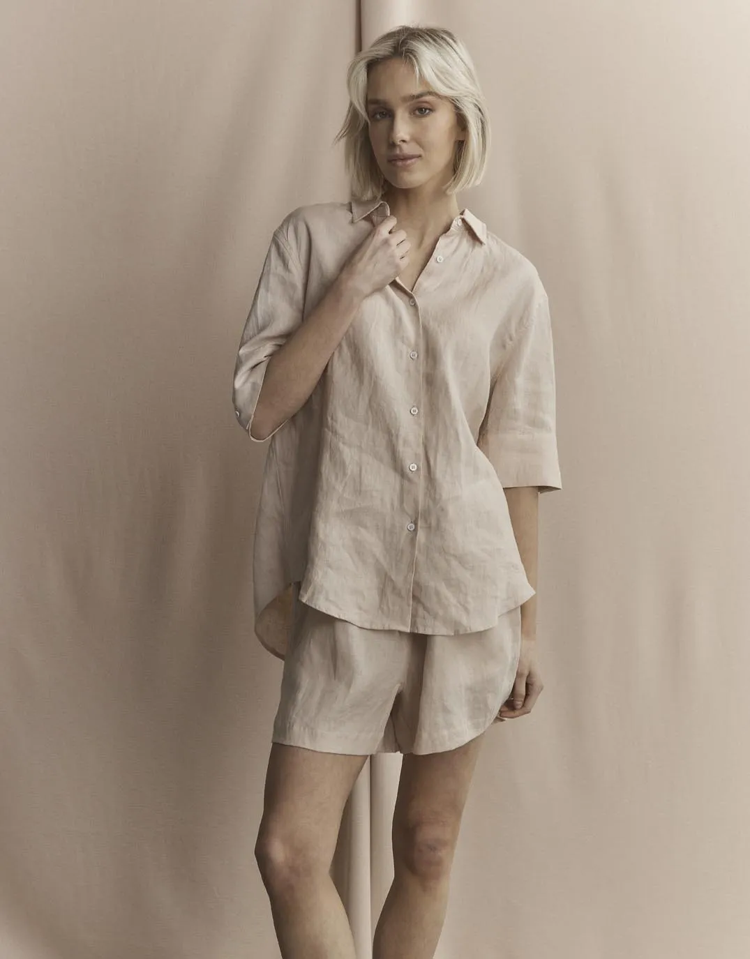 Nora Linen Shirt - Sand Flexible Shoulder Panels Versatile Look