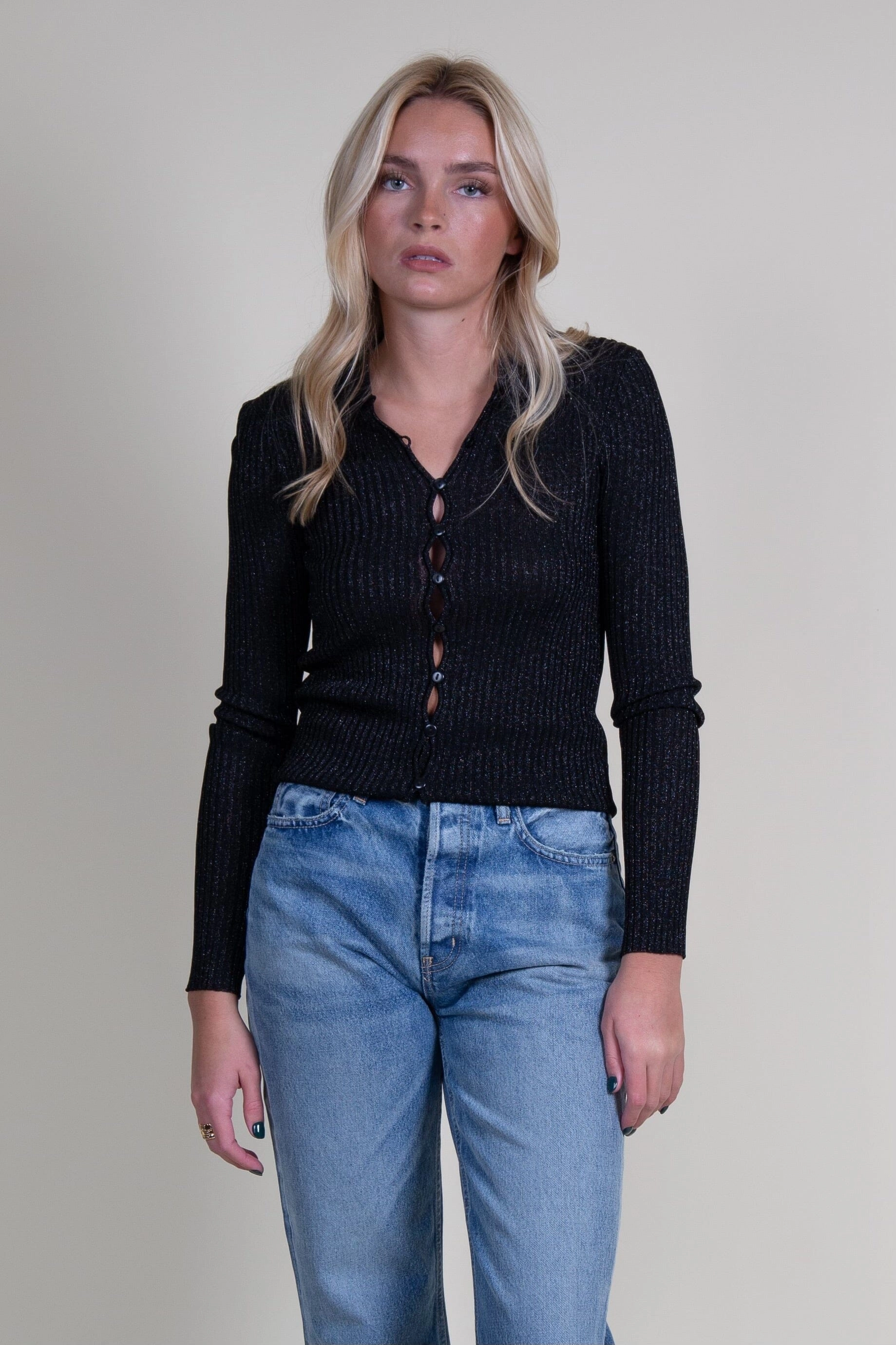 GENERATION LOVE | Jillian Rib Cardigan - Metallic Black Loungewear Friendly Daily Essential