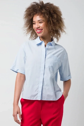 One Pocket Voile Shirt Mid Blue Layered Hem Detailing Bound Edges